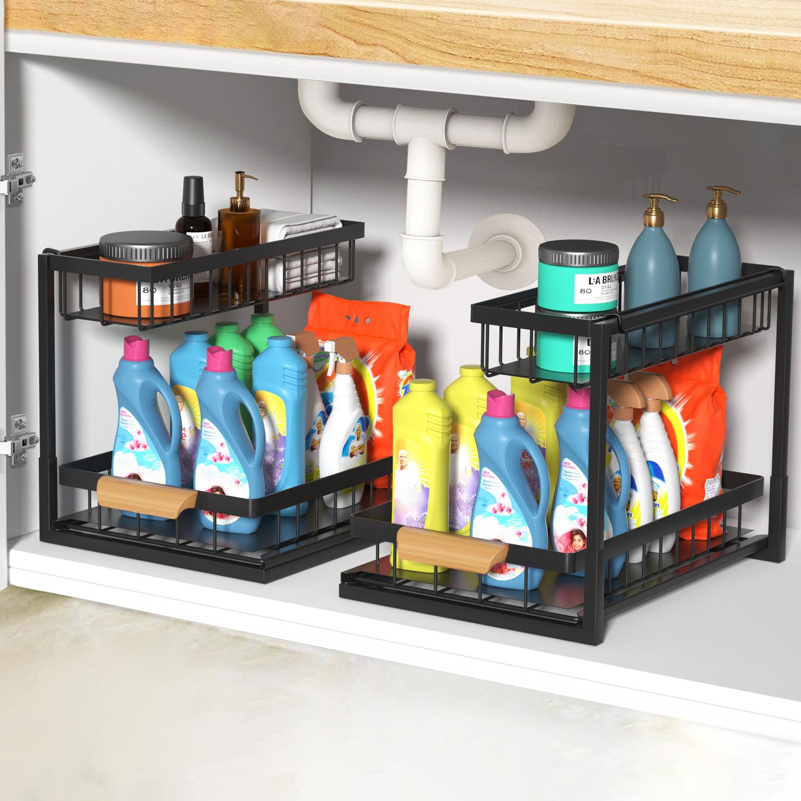 2 Pack Under Sink Organizer - Sturdy Metal Pull Out Kitchen Cabinet Organizer with Sliding Drawer | Multi-Functional Storage for Bathroom & Kitchen | Space Saving Solution for Cleaning Supplies, Sponges & Toiletries (Black)