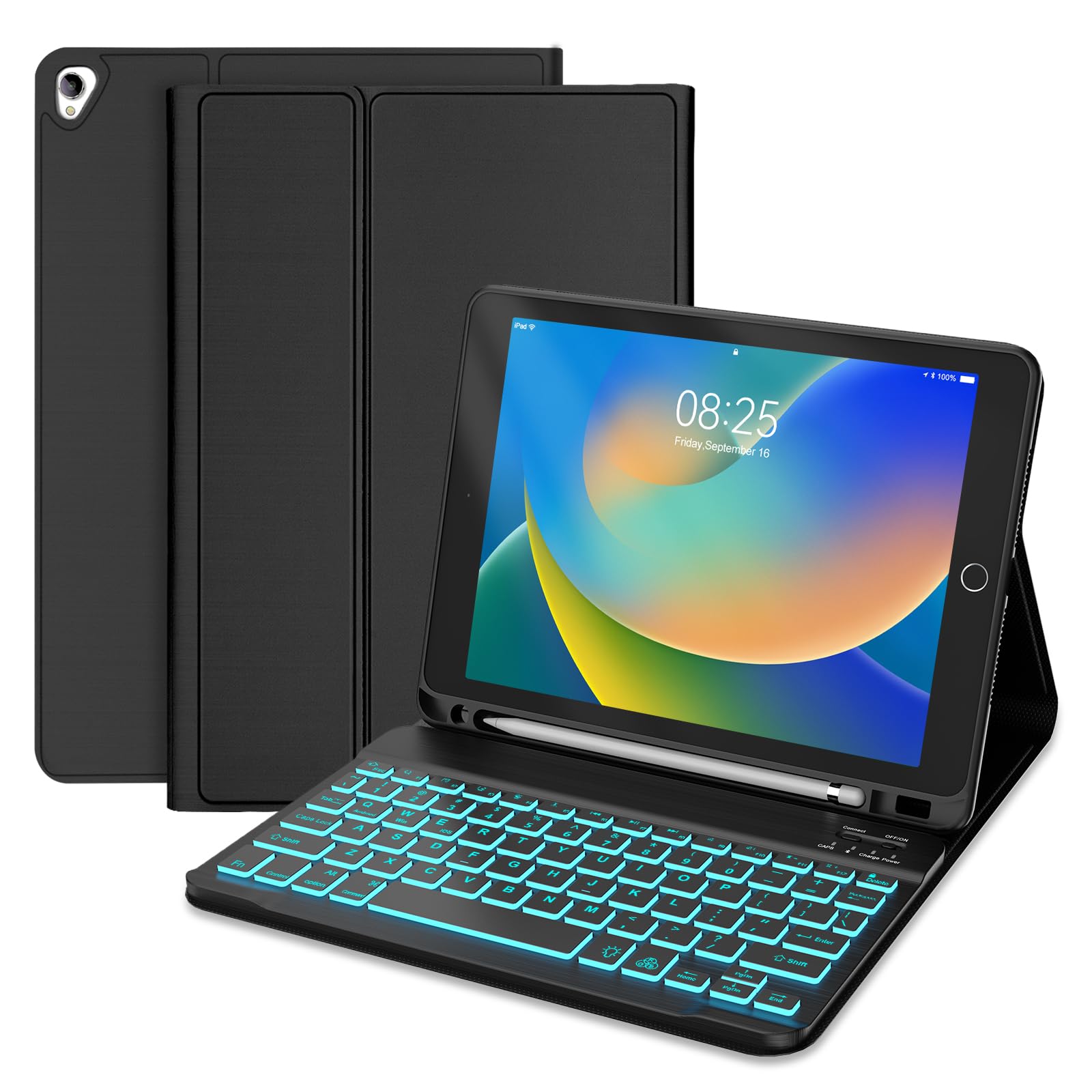 BORIYUAN iPad 10.2 inch Case with Bluetooth Keyboard - Detachable Backlit Keyboard (7 Colors), Slim Folio Smart Cover with Apple Pencil Holder for iPad 9th/8th/7th Gen, iPad Pro 10.5