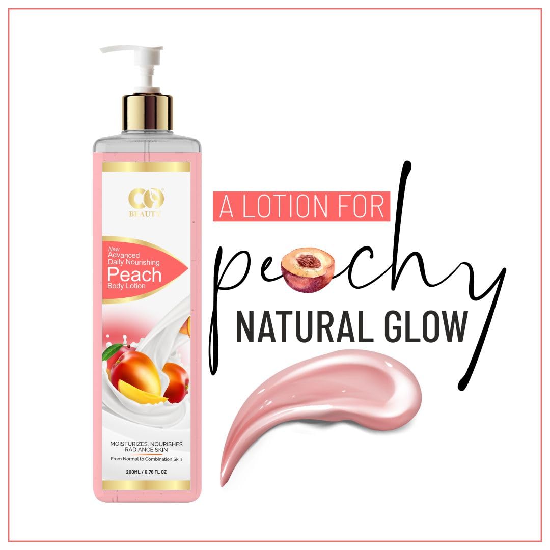 CO BEAUTY Deep Nourishing Peach Body Lotion for Women & Men - 200ml | Non-Greasy Hydrating Body Milk with Peach Extract, Avocado & Castor Oil | Paraben & SLS Free Moisturizer | Perfect for Dry Skin Care & Daily Hydration