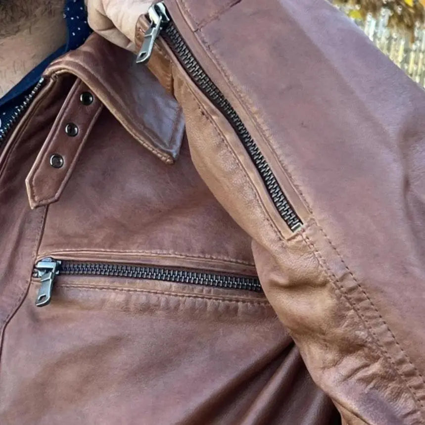 Men's Genuine Lamb Leather Jacket with 4 Pockets - Classic Vintage Style for Casual Wear & Outdoor Activities