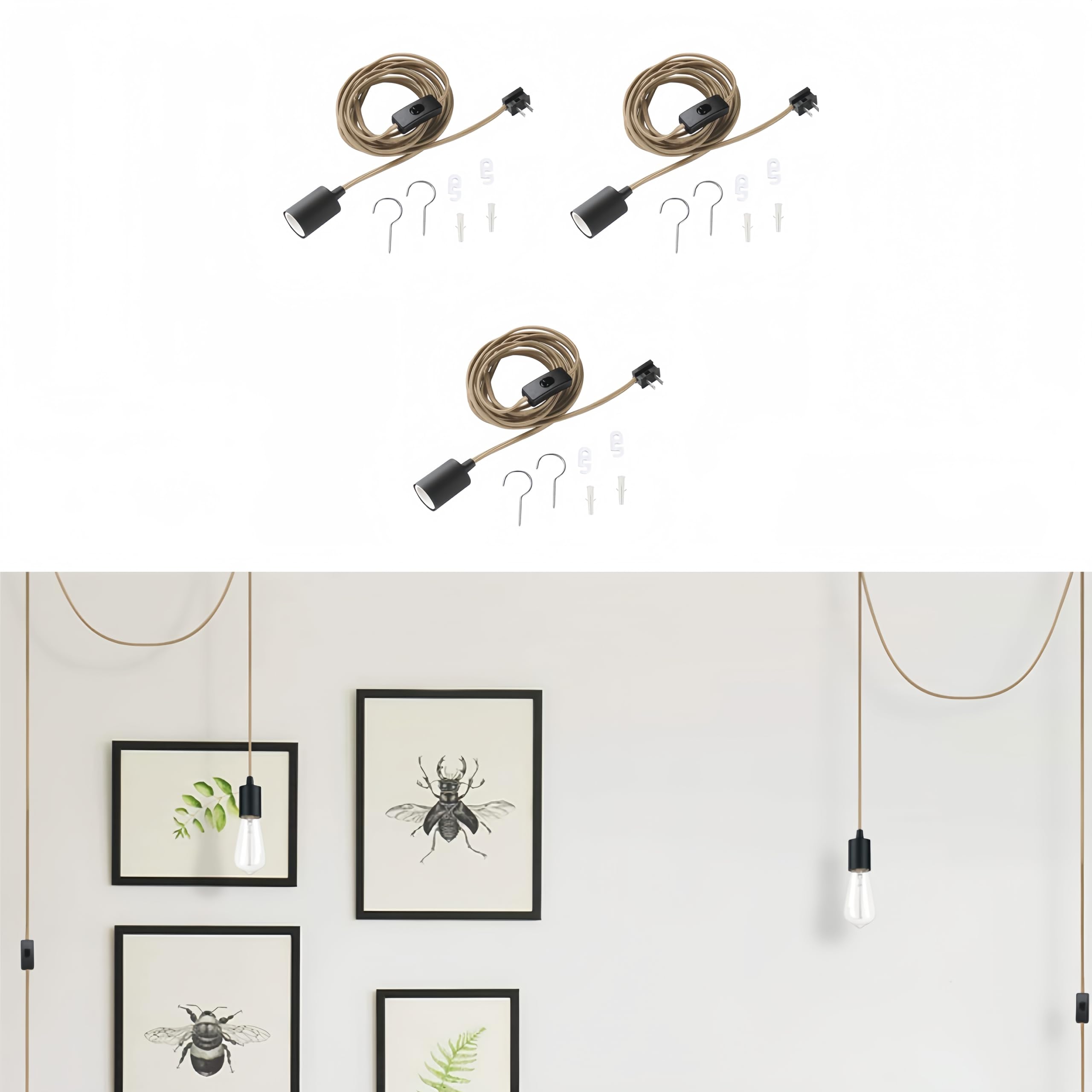 WISBEAM Plug in Pendant Lighting Kit - 3 Pack Hanging Lights with 15ft Cord & On/Off Switch (Bulbs Not Included) - Perfect for Kitchen Island, Dining Room, Bedroom & Living Room Decor