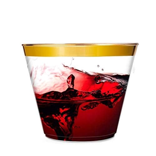 100 Gold Rimmed 9 Oz Plastic Cups - Elegant Disposable Clear Tumblers for Wedding, Party & Event Decorations - Perfect for Cocktails, Beverages & Celebrations