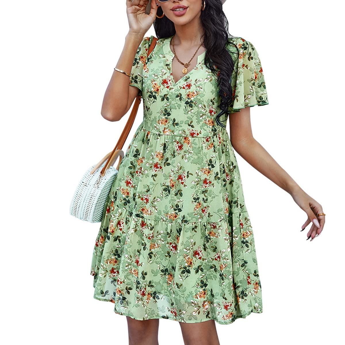Boho Floral Print Short Sleeve V-Neck Swing Dress for Women - Knee Length Loose Fit Beach Party Dress (Green, Medium) - Perfect for Summer Vacations, Beach Getaways & Casual Outings