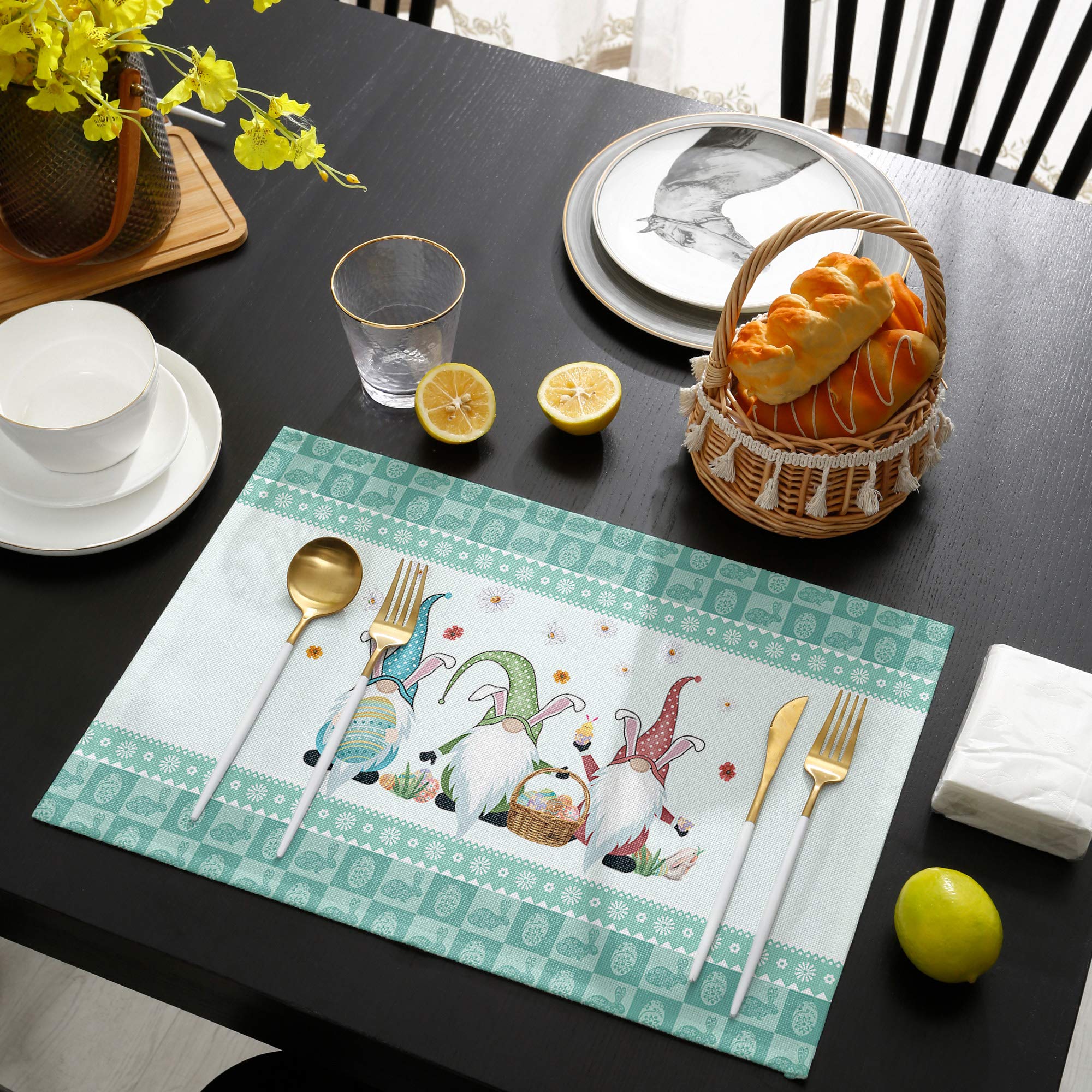 6-Pack Easter Themed Placemats - Water Duck, Green Plaid, Gnome & Bunny Design Washable Table Mats for Dining Table, Kitchen & Restaurant | Perfect for Easter Party Decorations & Holiday Gatherings