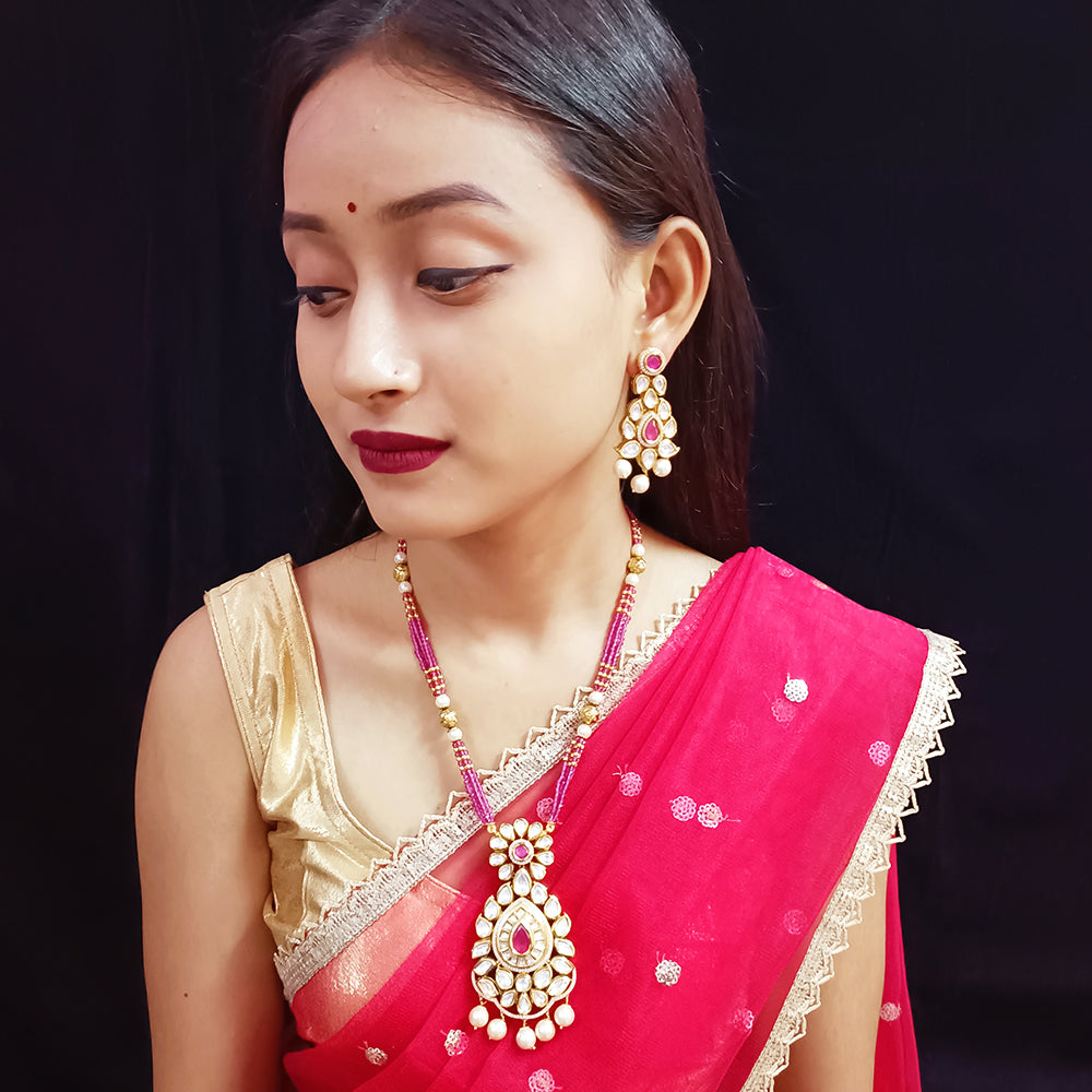 Exquisite Designer Gold Plated Royal Kundan & Ruby Pendant Set (D361) - Perfect for Weddings, Parties & Special Occasions