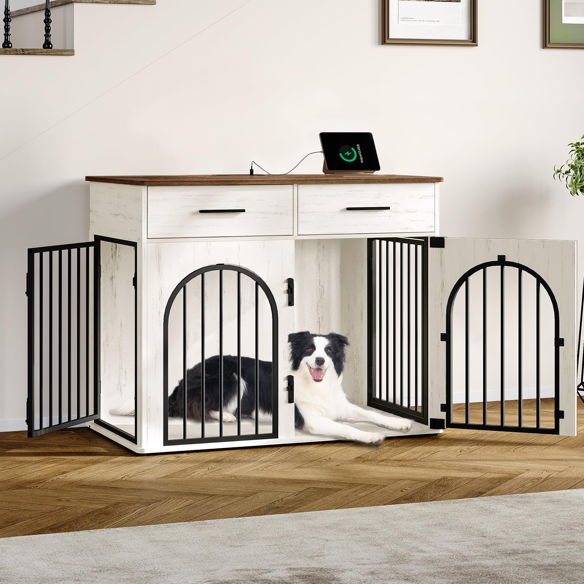 39.4'' Wooden Dog Crate Furniture with 2 Drawers & Charging Station - Indoor Dog Kennel Cage Side End Table for Medium/Large Dogs - White Brown DFC84214B - Perfect for Living Room, Bedroom & Home Office Decor