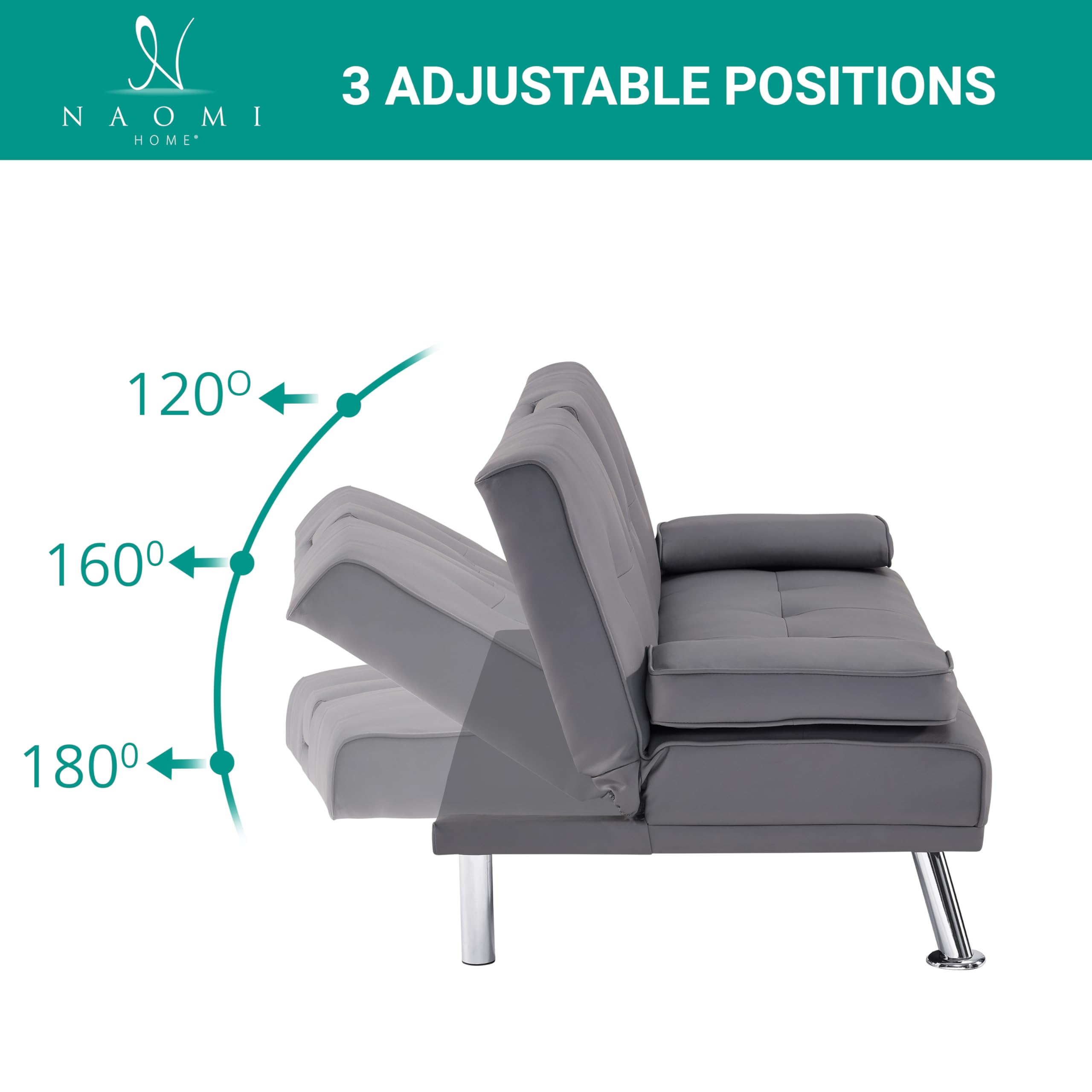 Naomi Home Convertible Folding Futon Sofa Bed - Low Profile Sleeper Couch with Armrests & Cup Holders | Faux Leather Upholstery, Metal Legs | Gray Modern Futon for Living Room, Guest Room & Small Spaces
