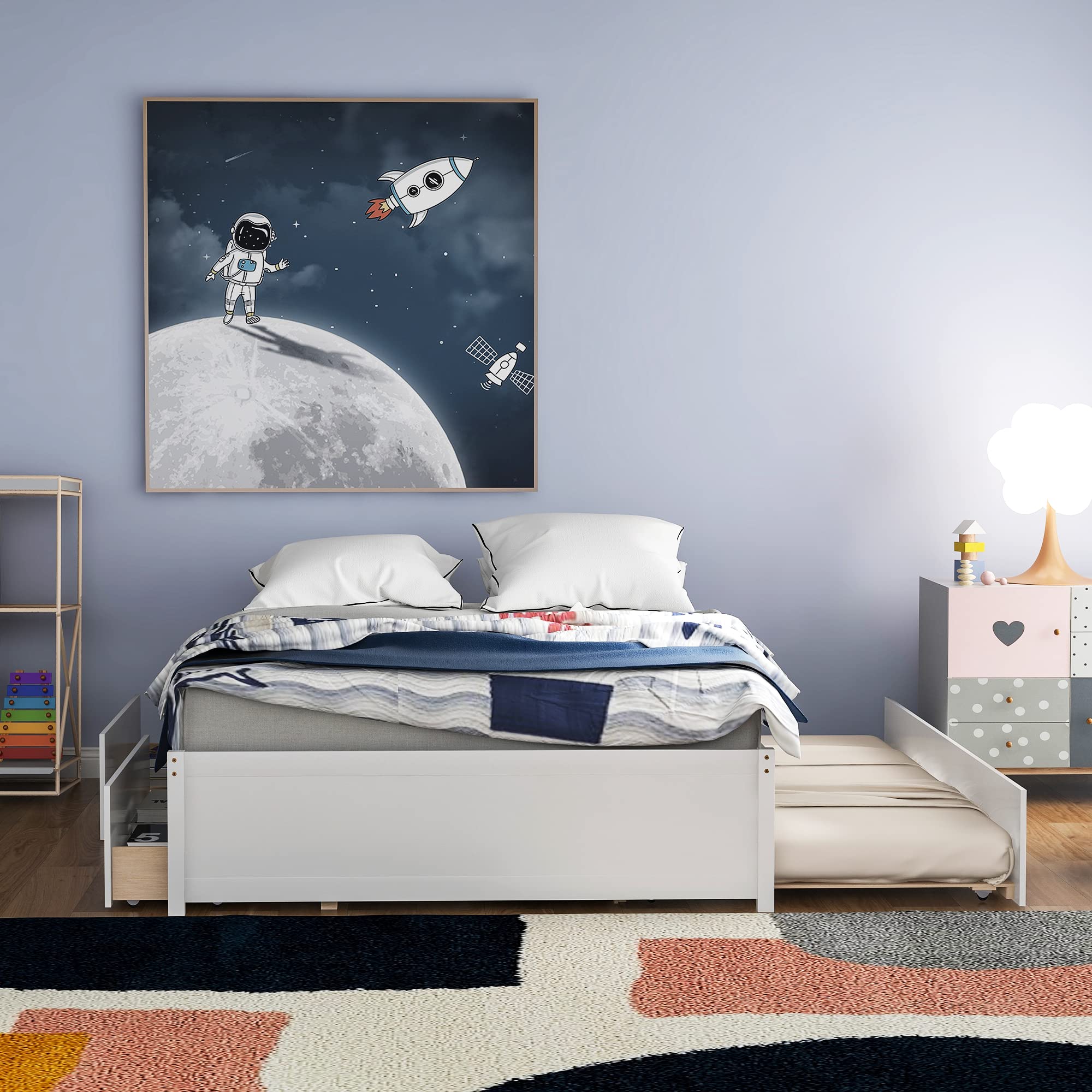 MERITLINE Full Size Wood Platform Bed Frame with Storage Drawers & Trundle - Space Saving Captain Bed for Kids, Teens & Adults - No Box Spring Needed - White - Perfect for Small Bedrooms, Guest Rooms & Dormitories