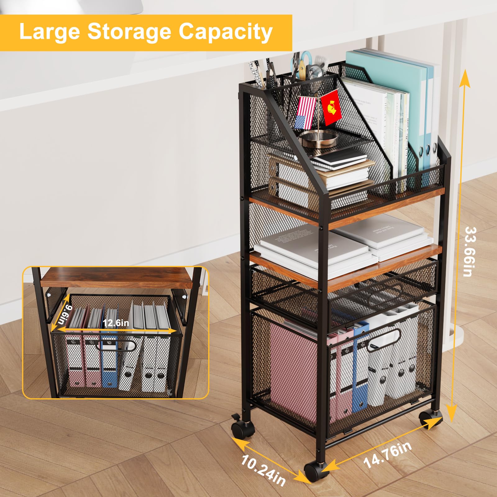 2-Drawer Rolling File Cart with Lockable Wheels - Wood & Mesh Under Desk Organizer for Office, School & Home - Space-Saving Storage Solution for Files, Supplies & Documents