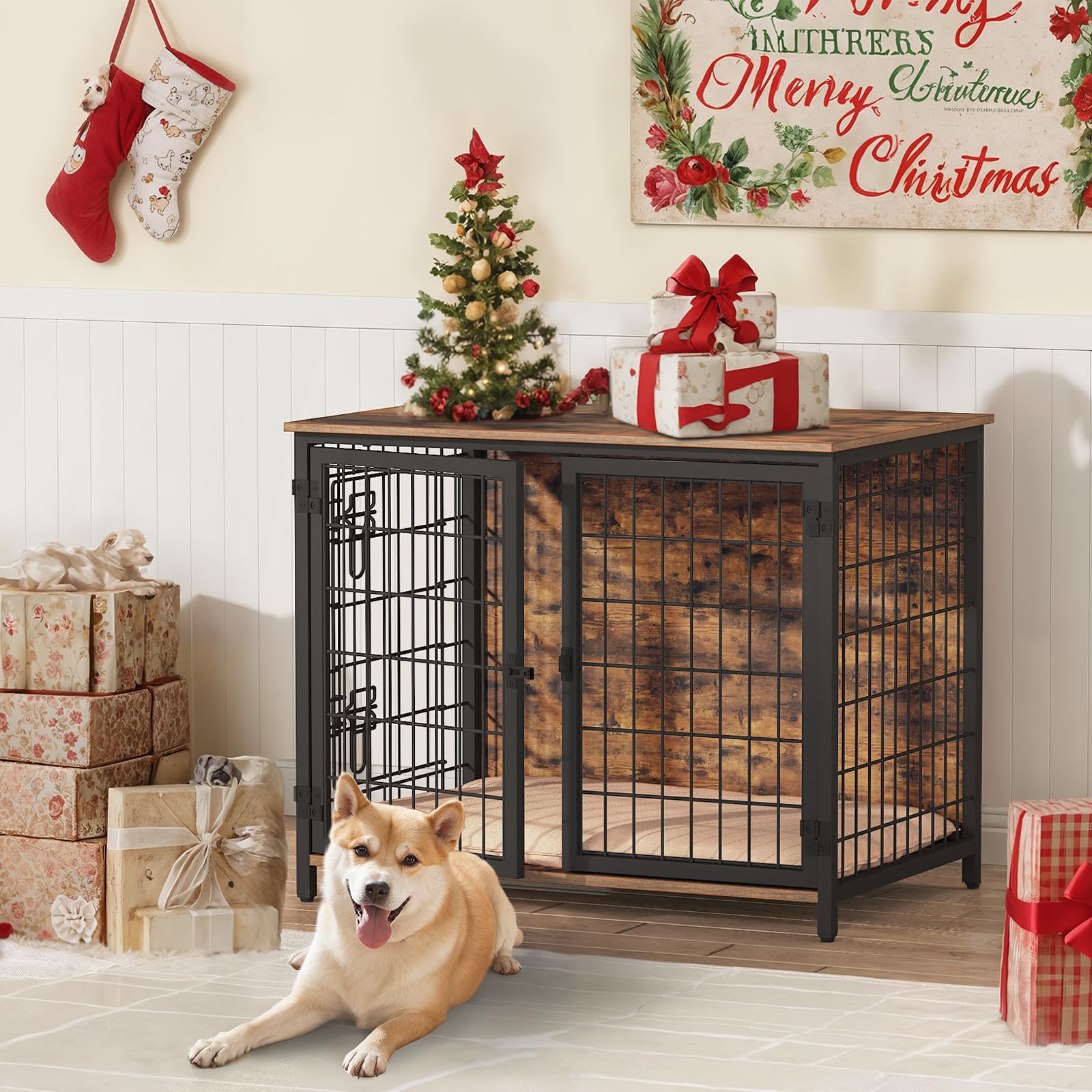 Sturdy Wooden Dog Crate Furniture with Plush Cushion - Double Door Design for Small, Medium & Large Dogs - Heavy Duty Indoor Dog Kennel & End Table (31.5