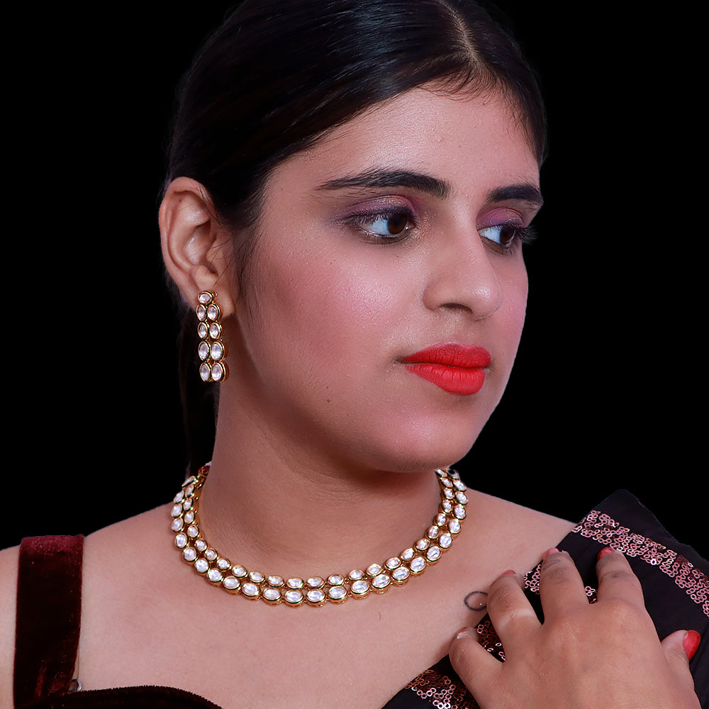 Exquisite Gold Plated Royal Kundan Necklace and Earrings Set (D502) - Perfect for Weddings, Parties, and Special Occasions
