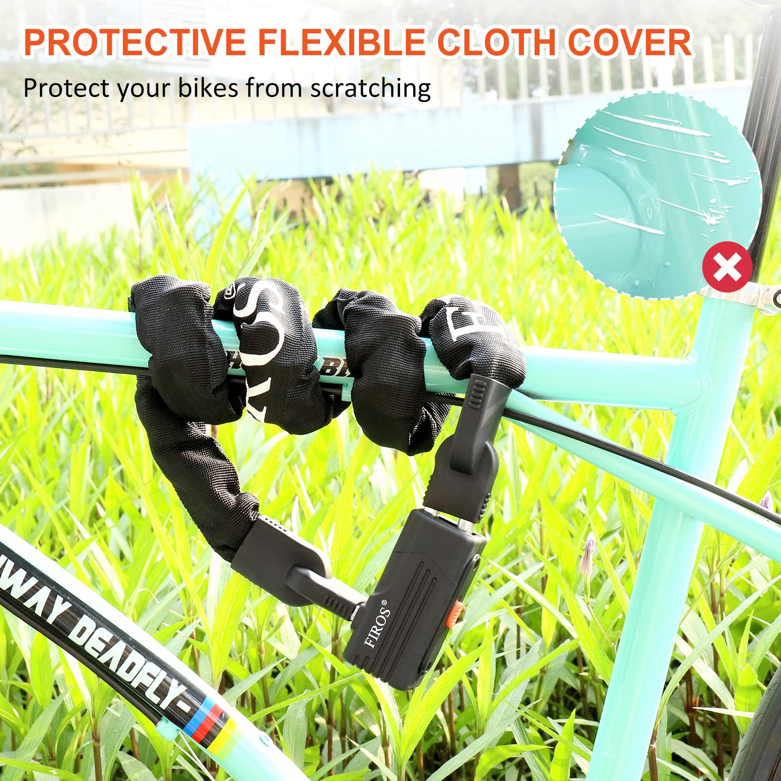 **FIROS 4FT Heavy Duty Bike Chain Lock - 8mm Thick Hardened Steel Anti-Theft Bicycle Lock with Key for Mountain, City & Electric Bikes - Secure Your Ride for Commuting, Parking & Outdoor Adventures**