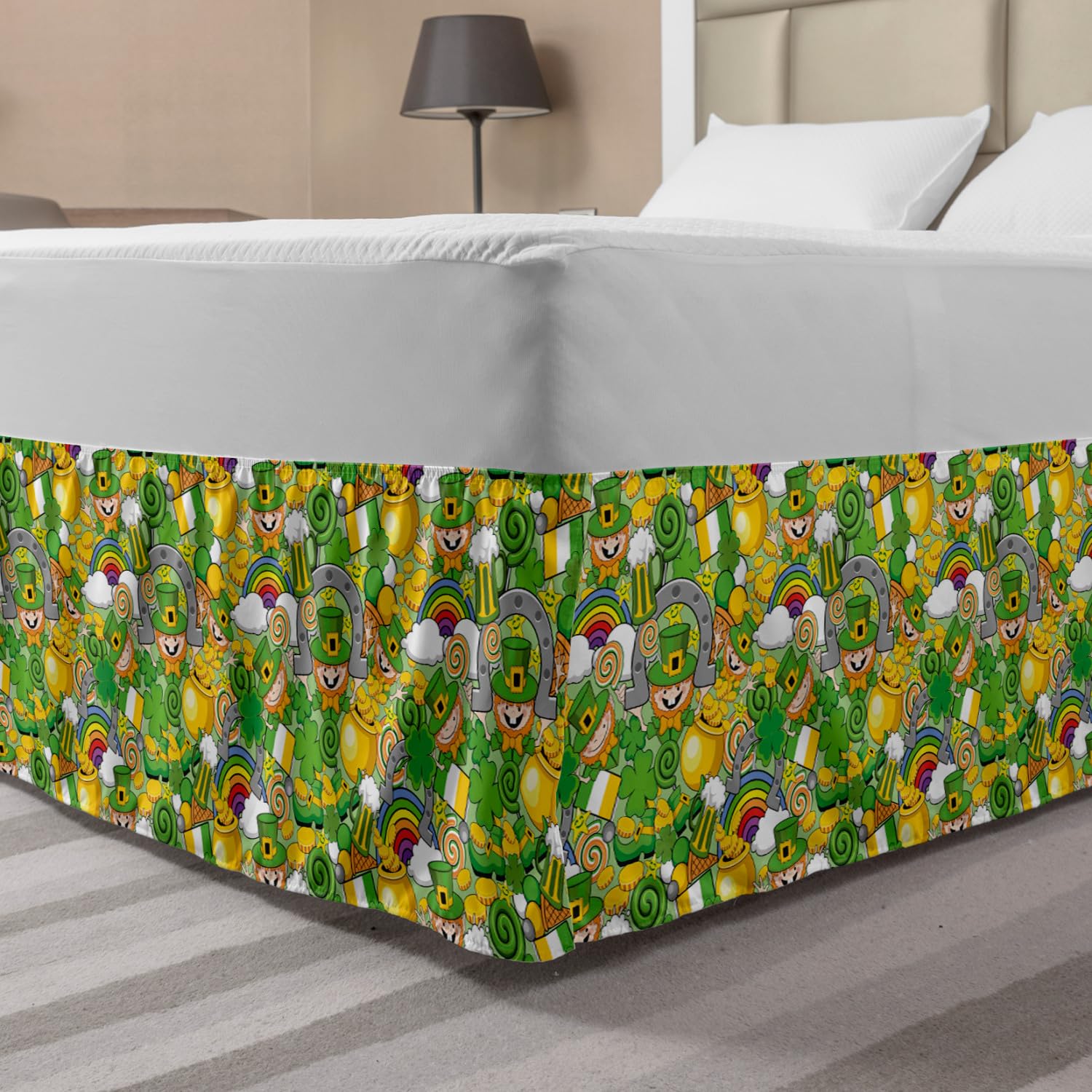 Ambesonne Leprechaun Elastic Bed Skirt - Cartoon Saint Patrick's Day Design with Beer Shamrock Flag Horseshoe Rainbow Coins - Wrap Around Fabric Dust Ruffle for Queen Size Bed - Perfect for St. Patrick's Day Decor & Irish-Themed Bedrooms