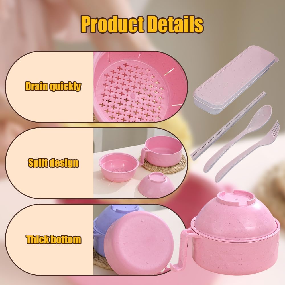 Microwave Ramen Bowl with Strainer & Utensils - Portable Noodle Cooker for Soup, Salad - Blue