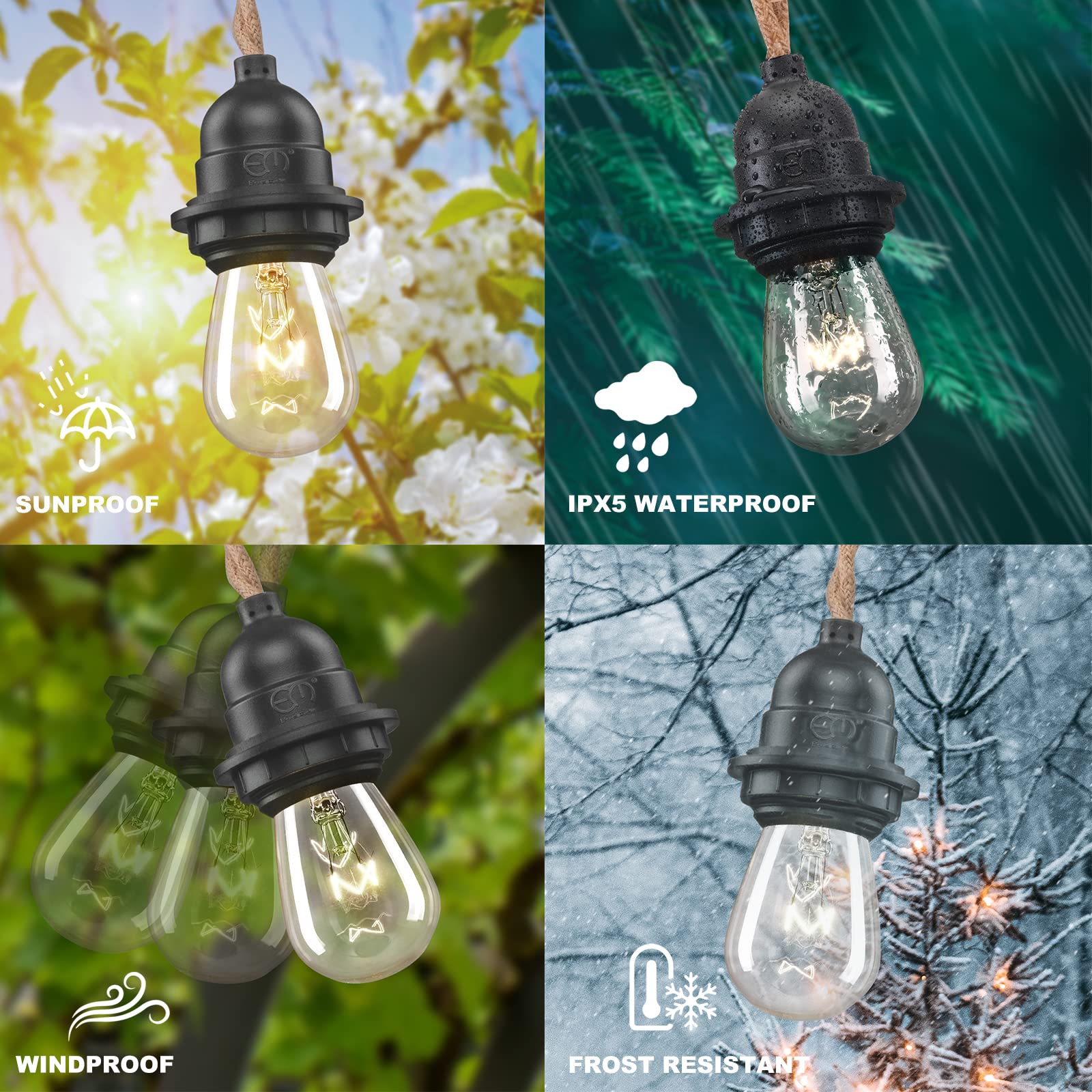 48 FT Hemp Rope Outdoor String Lights - Waterproof & Shatterproof Commercial Grade E26 S14 Bulbs - Perfect for Patio, Garden, Backyard & Wedding Decor