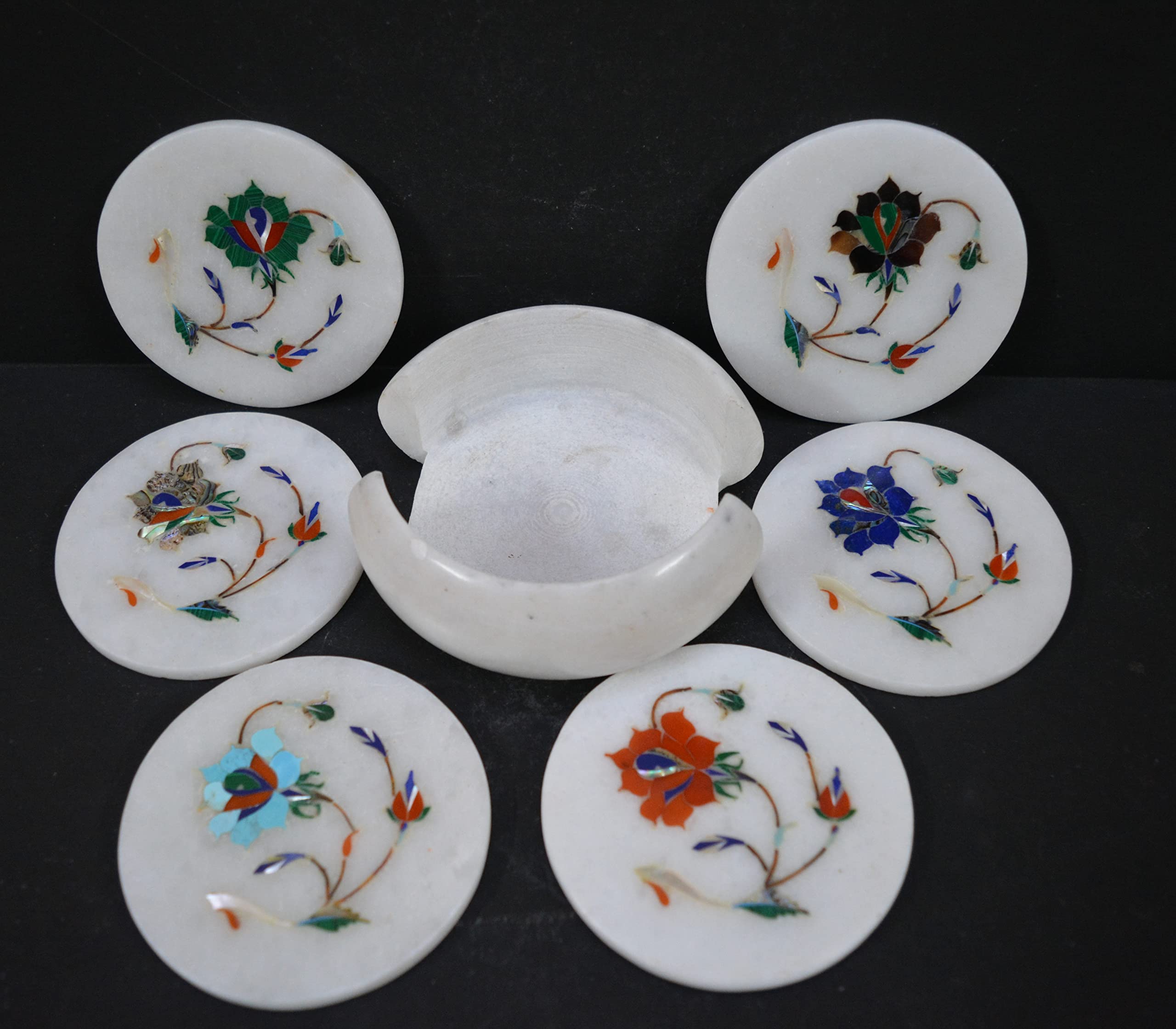 Premium White Marble Drink Coasters Set of 6 with Holder - Elegant Marble Inlay Table Coasters for Wine, Coffee & Cocktails - Luxury Home Bar & Dining Table Accessories for Parties & Entertaining