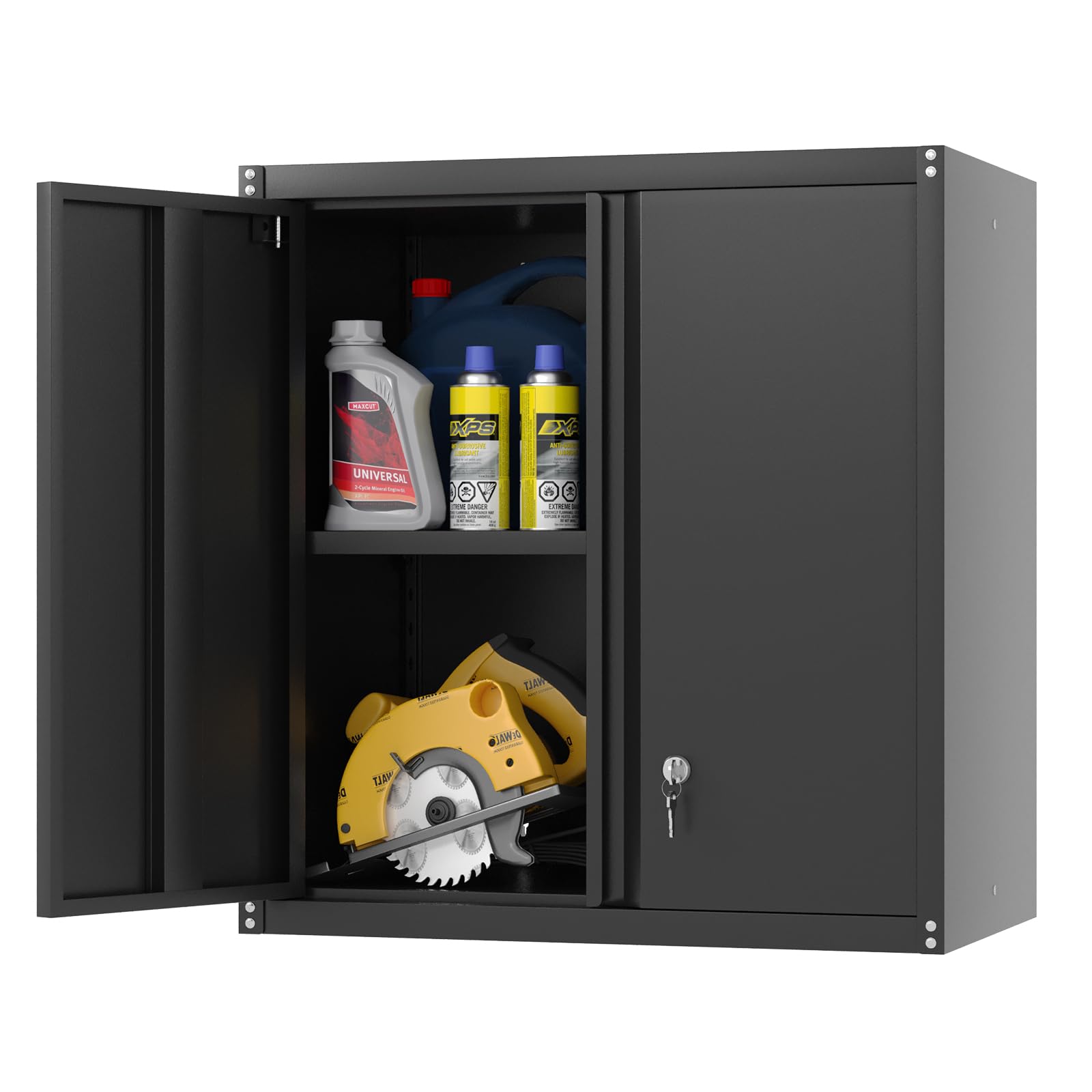 GREATMEET Black Metal Wall Mounted Storage Cabinet with Lock & Adjustable Shelf - Heavy Duty Garage Utility Cabinet for Tools, Workshop Organization & Home Storage