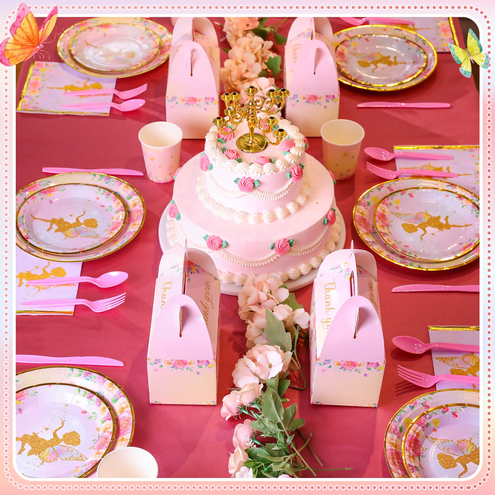 Butterfly Fairy Party Plates & Napkins Set for 24 Guests - 168 Pc Birthday Baby Shower Decorations with Cups, Cutlery (Forks, Knives, Spoons) - Perfect for Girls' Fairy Theme Parties & Special Celebrations