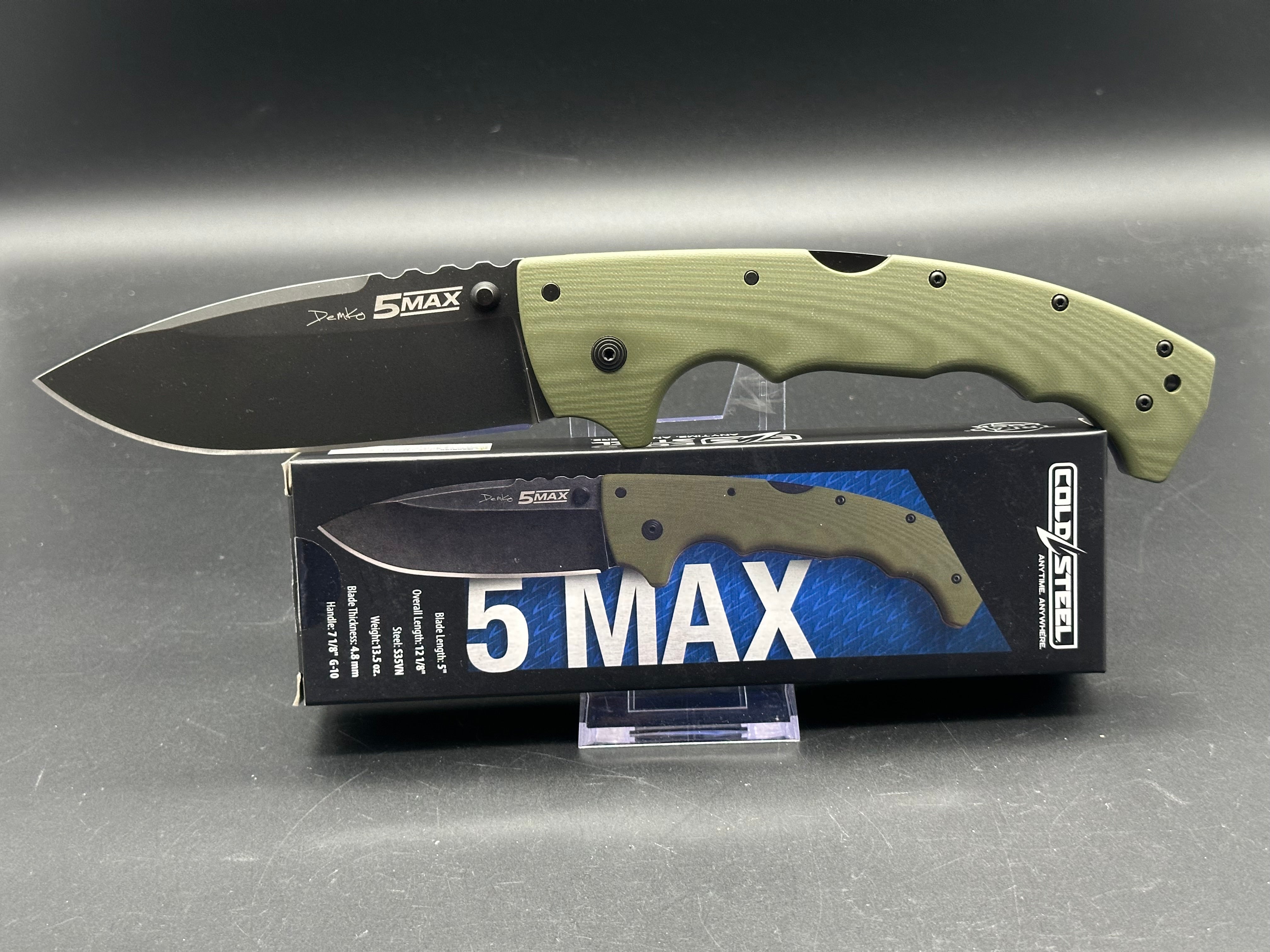 Cold Steel 5 Max Lockback Folding Knife - OD Green G10 Handle, S35VN Steel Plain Edge, Black Stonewash Finish - EDC, Outdoor, Camping, Survival, Tactical Use