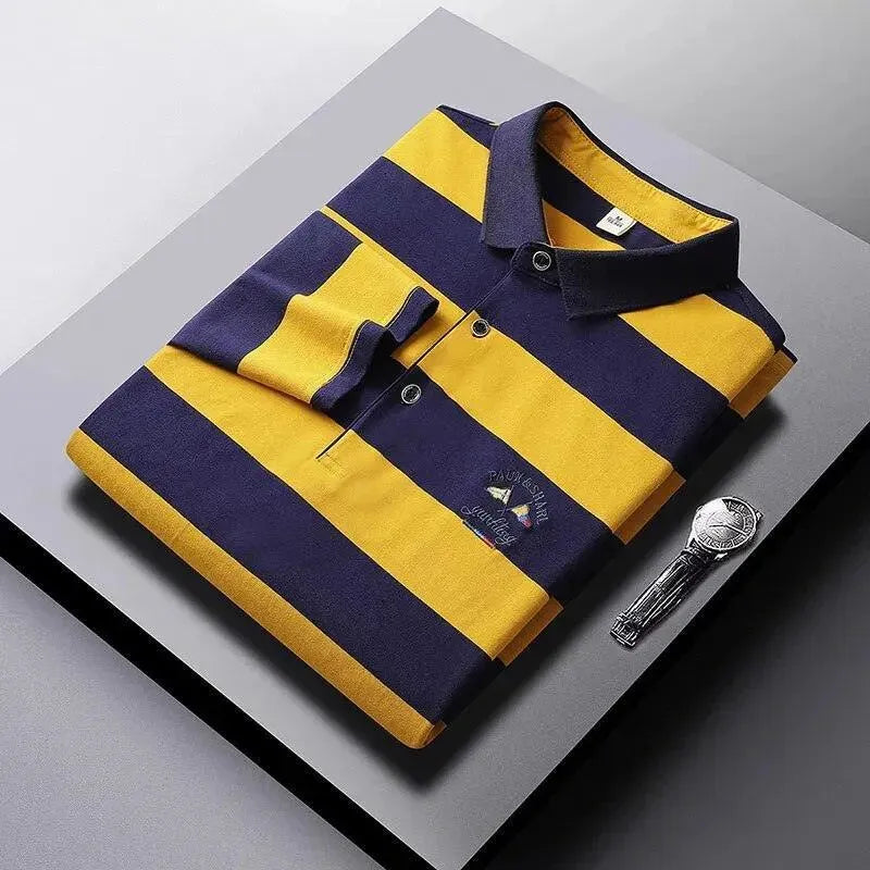 Men's Cotton Embroidered Striped Polo Shirt - Casual Short Sleeve Button Down Top for Golf, Work & Summer Outfits