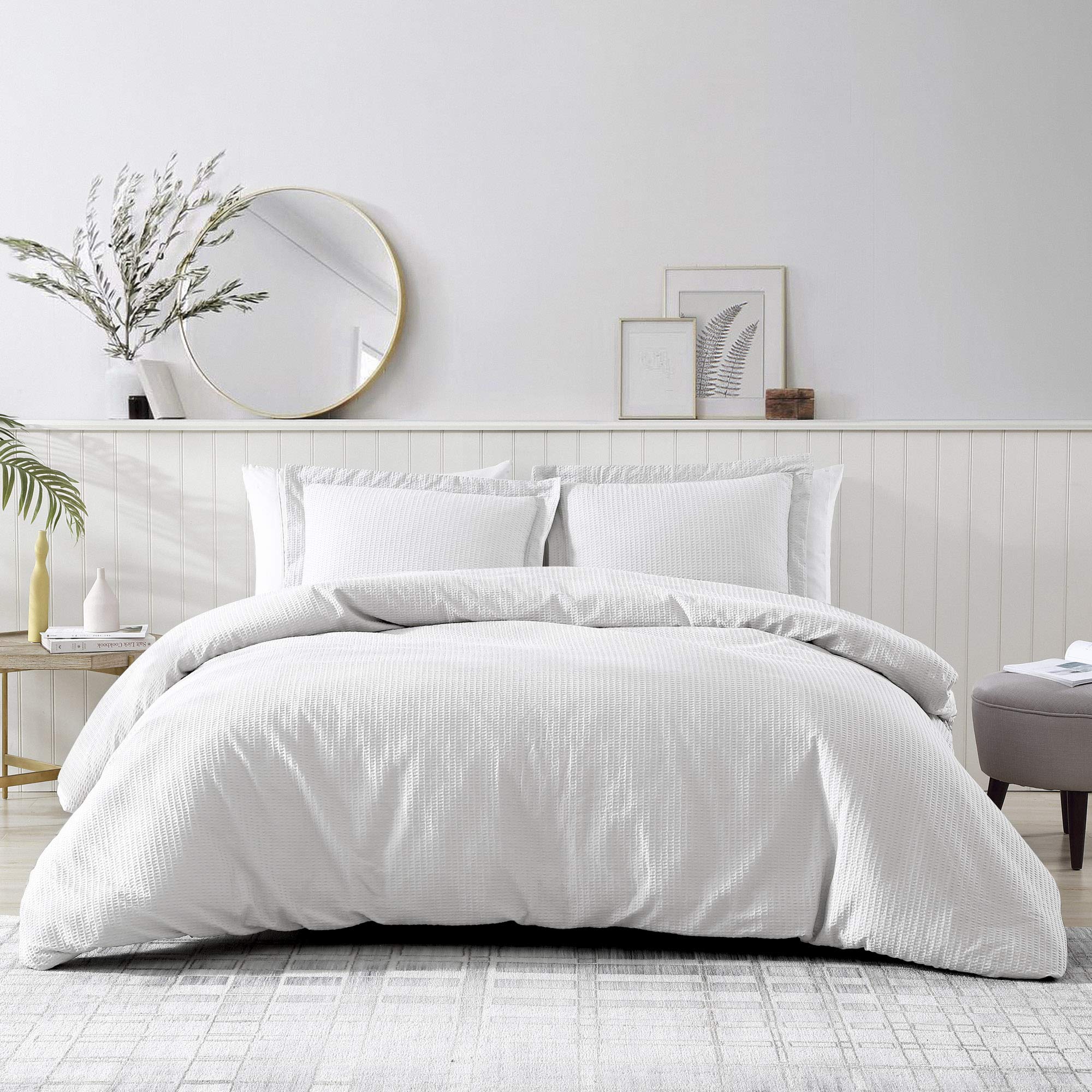 Brielle Pierce 100% Cotton Soft Waffle Textured Comforter Set - Breathable & Hypoallergenic Bedding - White Full/Queen Size - Perfect for Cozy Bedrooms & Guest Rooms