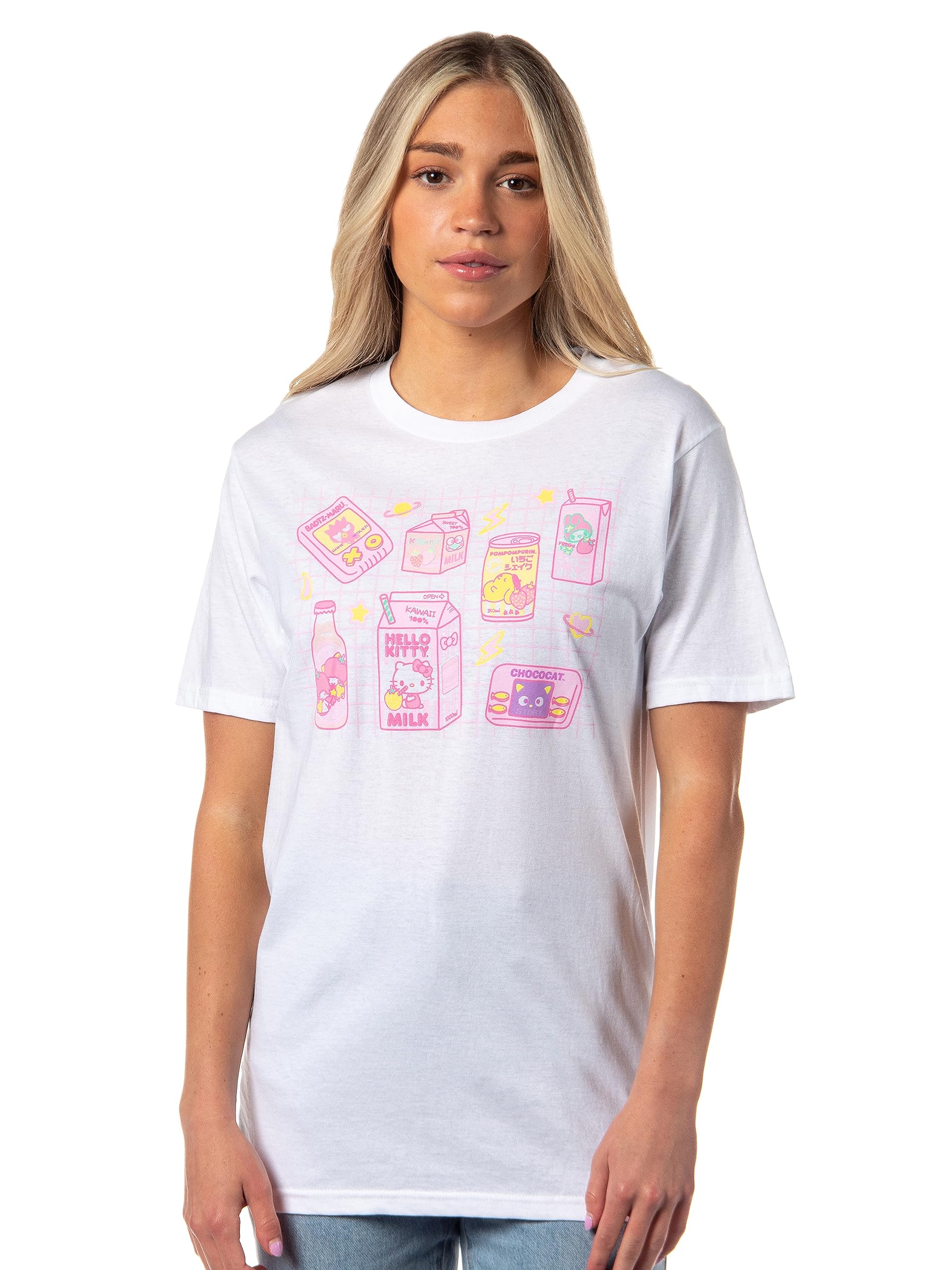 Hello Kitty and Friends Women's Graphic T-Shirt - Cute Anime Kawaii Snacks & Games Print Tee for Casual Wear, Gifts, and Anime Lovers