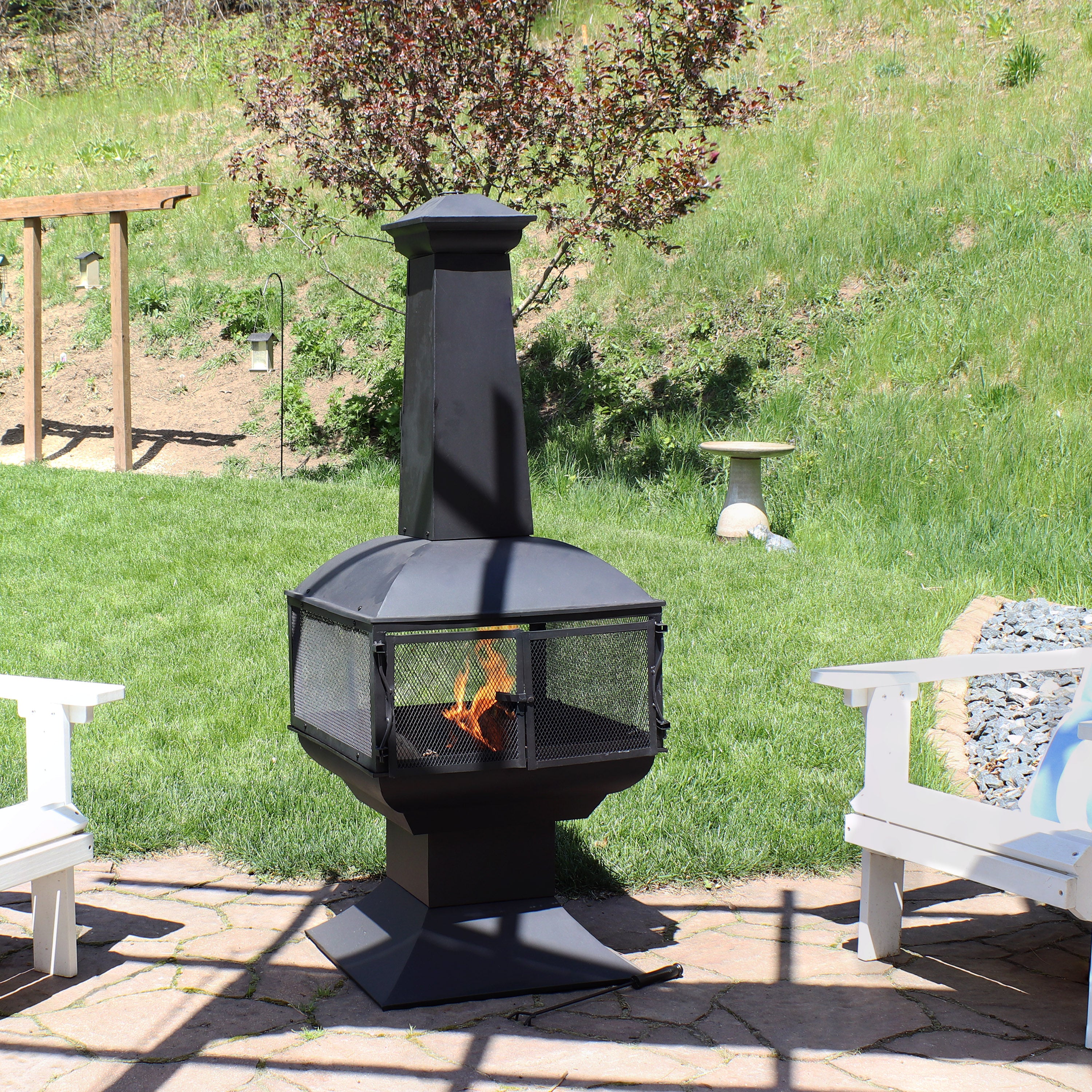 Sunnydaze 57-Inch Outdoor Wood Burning Black Steel Chiminea Fire Pit for Backyard, Patio, and Garden - Perfect for Camping, BBQ, and Gatherings