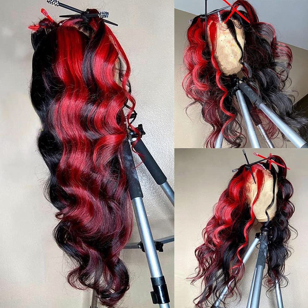 13x4 Red Highlight Body Wave Lace Front Wig with Transparent HD Lace - Brazilian Human Hair, Pre-Plucked Remy Wine Red Ombre 180% Density - Virgin Hair Wigs for Women - Perfect for Parties, Cosplay & Daily Wear
