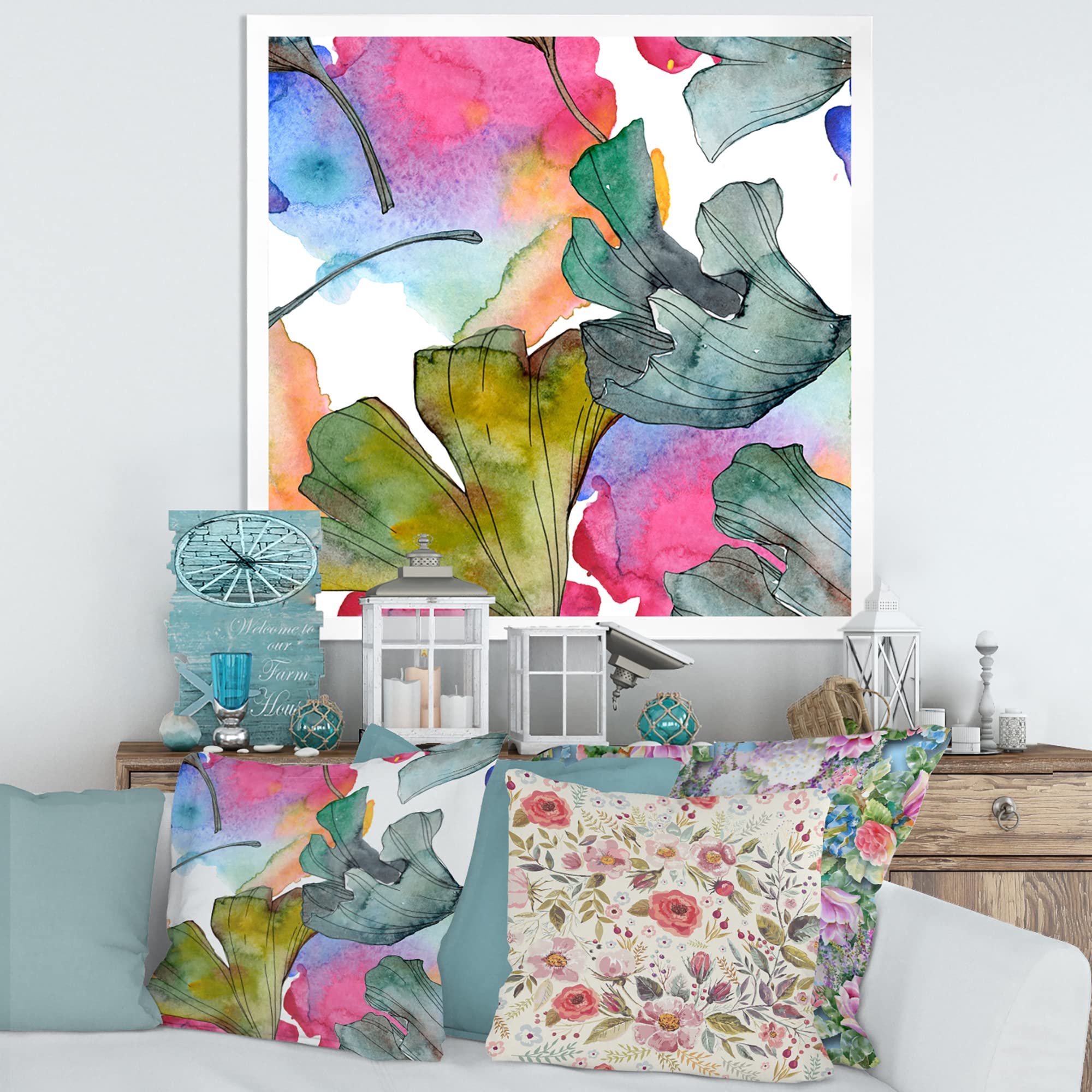 DesignQ Ginkgo Biloba Leaf Foliage Traditional Framed Wall Art - Elegant Botanical Home Decor for Living Room, Bedroom & Office
