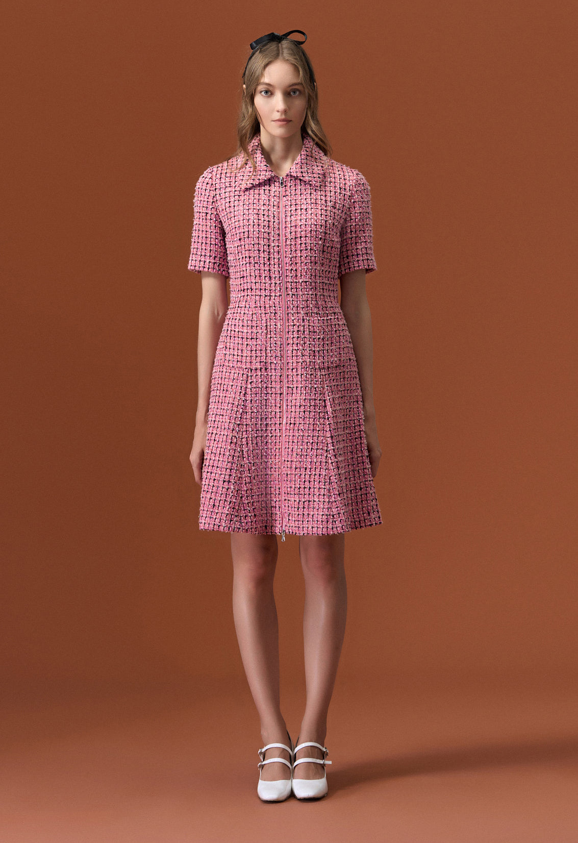Elegant Pink Tweed Lapel Dress for Women - Vintage Inspired Office Wear & Cocktail Party Outfit