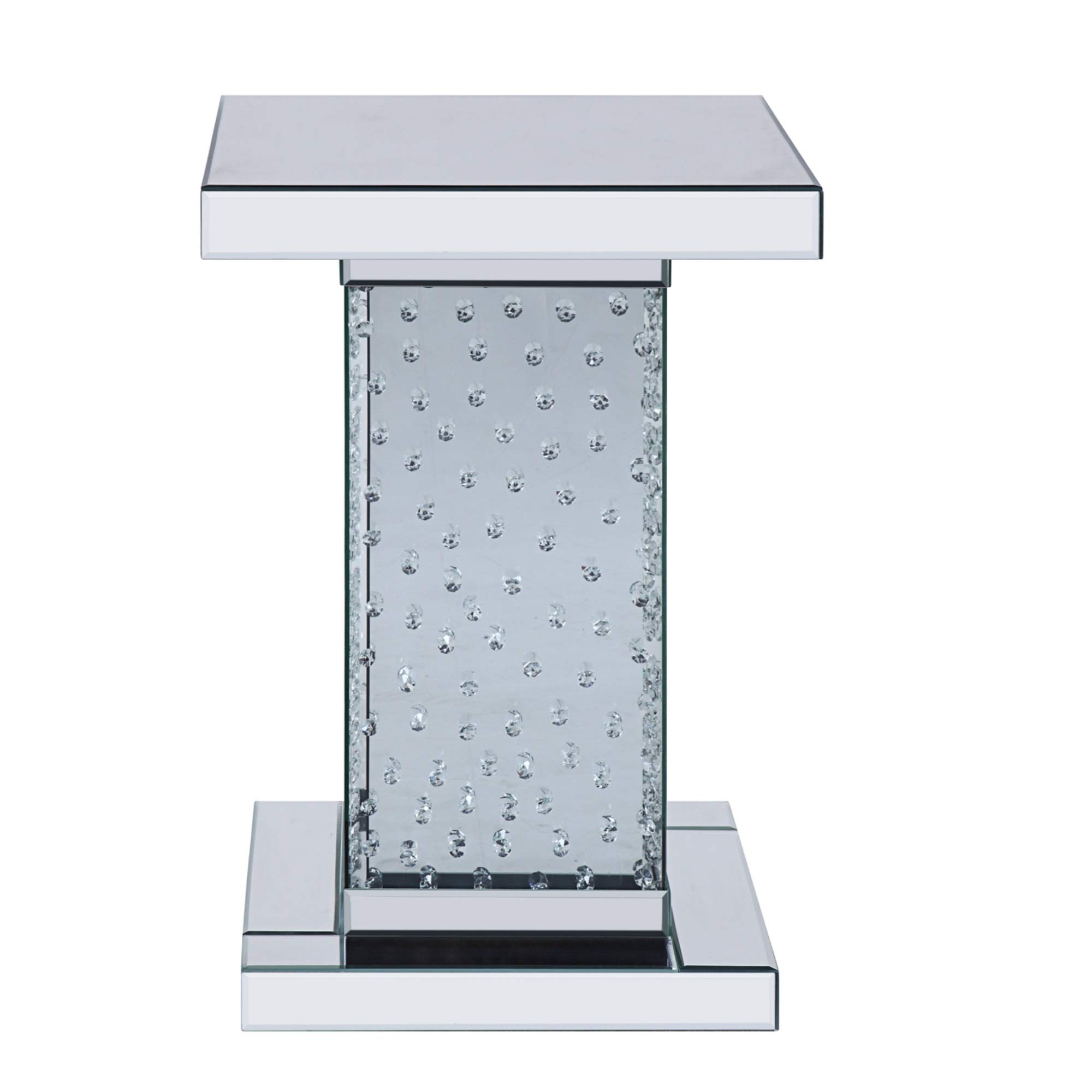 Benjara Wood and Mirror End Table with Faux Crystal Inlays - Clear Glass Accent Table for Living Room, Bedroom & Entryway Decor