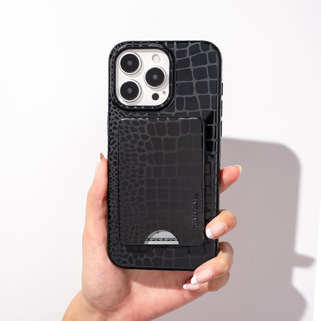 Black Croc MagSafe Wallet for iPhone - Slim RFID Blocking Leather Card Holder | Perfect for Travel, Work & Everyday Use