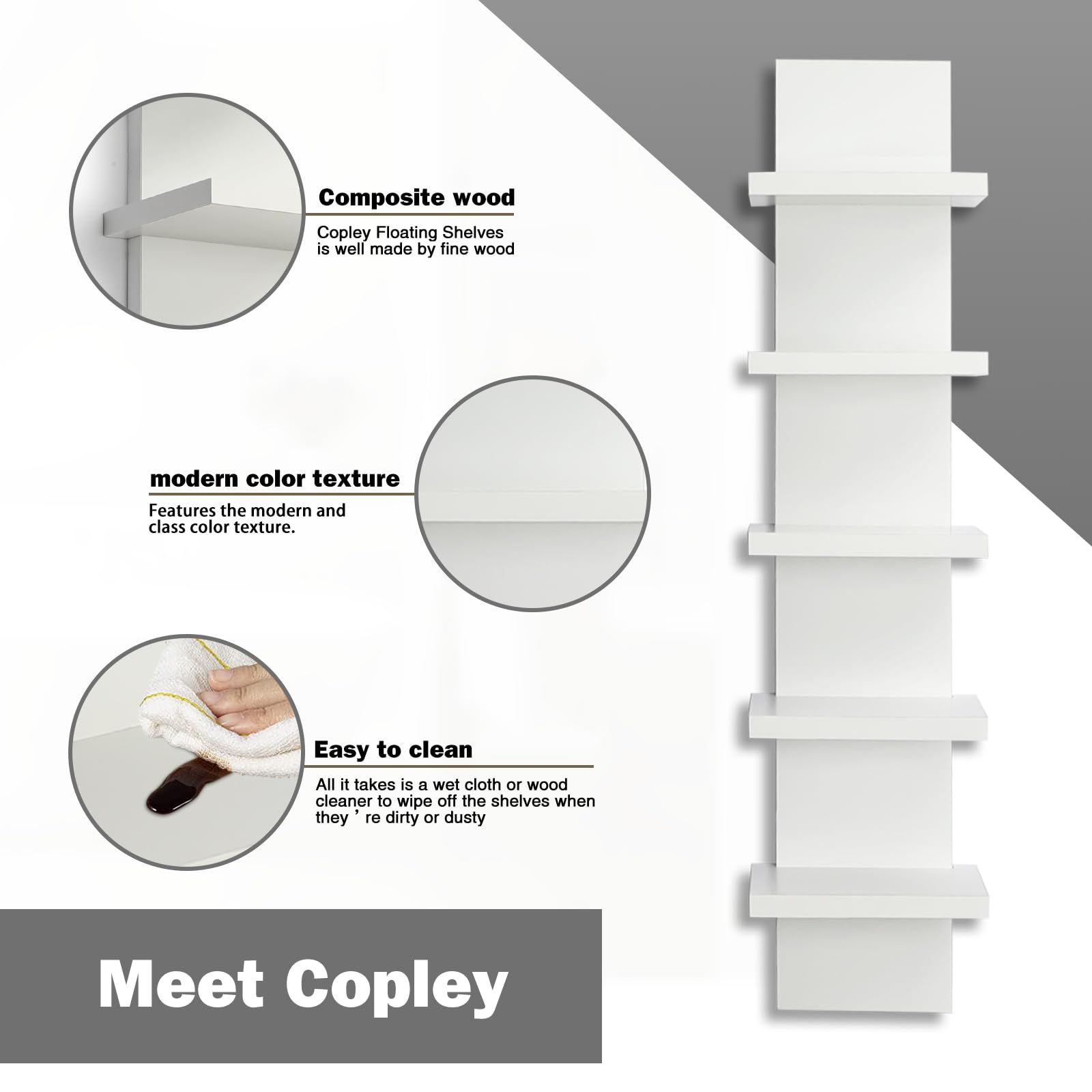 5 Tier White Wall Shelves - Vertical Floating Shelf Organizer for Home Decor, Tall Tower Design, 30.7x31 Inches - Perfect for Bedroom, Living Room & Office Storage Solutions