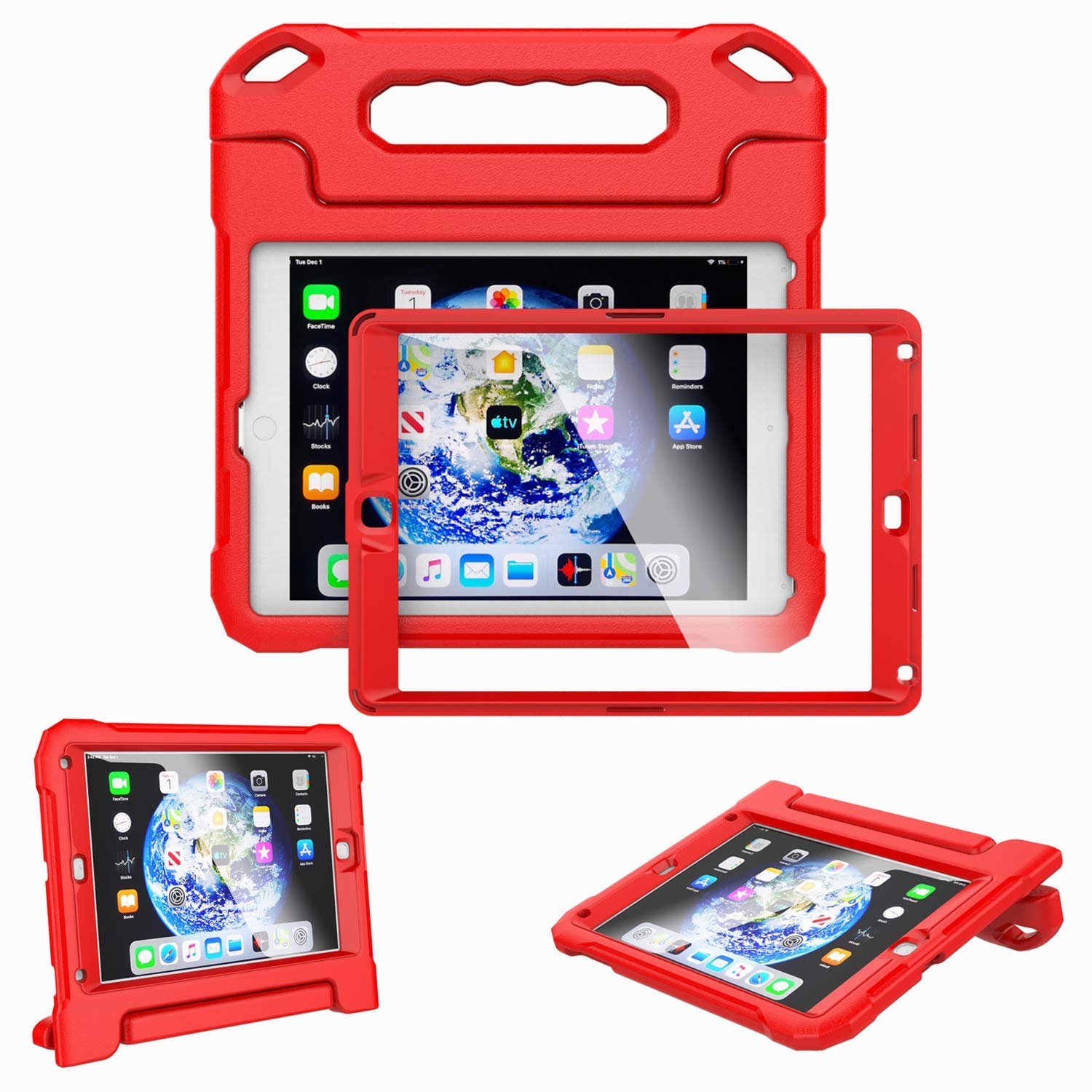 Shockproof Kids iPad Case for iPad 9.7-inch (6th/5th Gen & Air/Air 2) - Lightweight Convertible Stand Cover with Built-in Screen Protector & Handle (Red) - Perfect for School, Travel & Home Learning