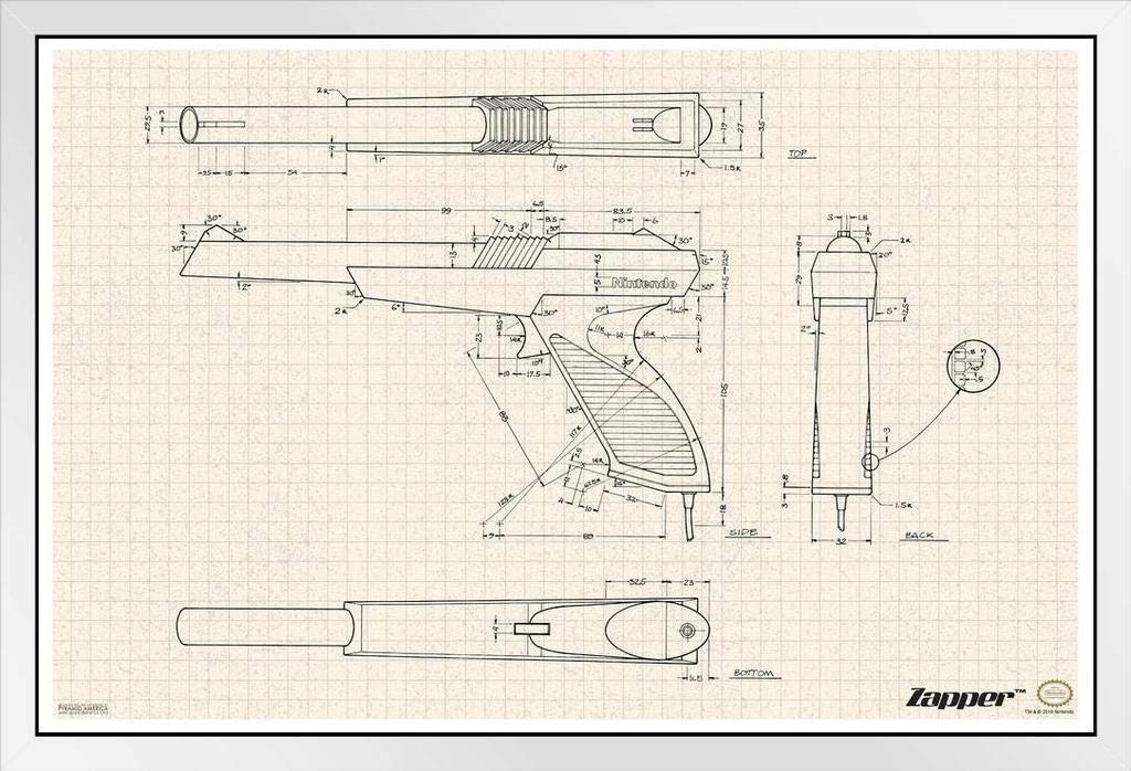 Nintendo Zapper Diagram Light Gun NES Classic Retro White Wood Framed Poster 14x20 - Vintage Gaming Wall Art for Man Cave, Game Room & Office Decor