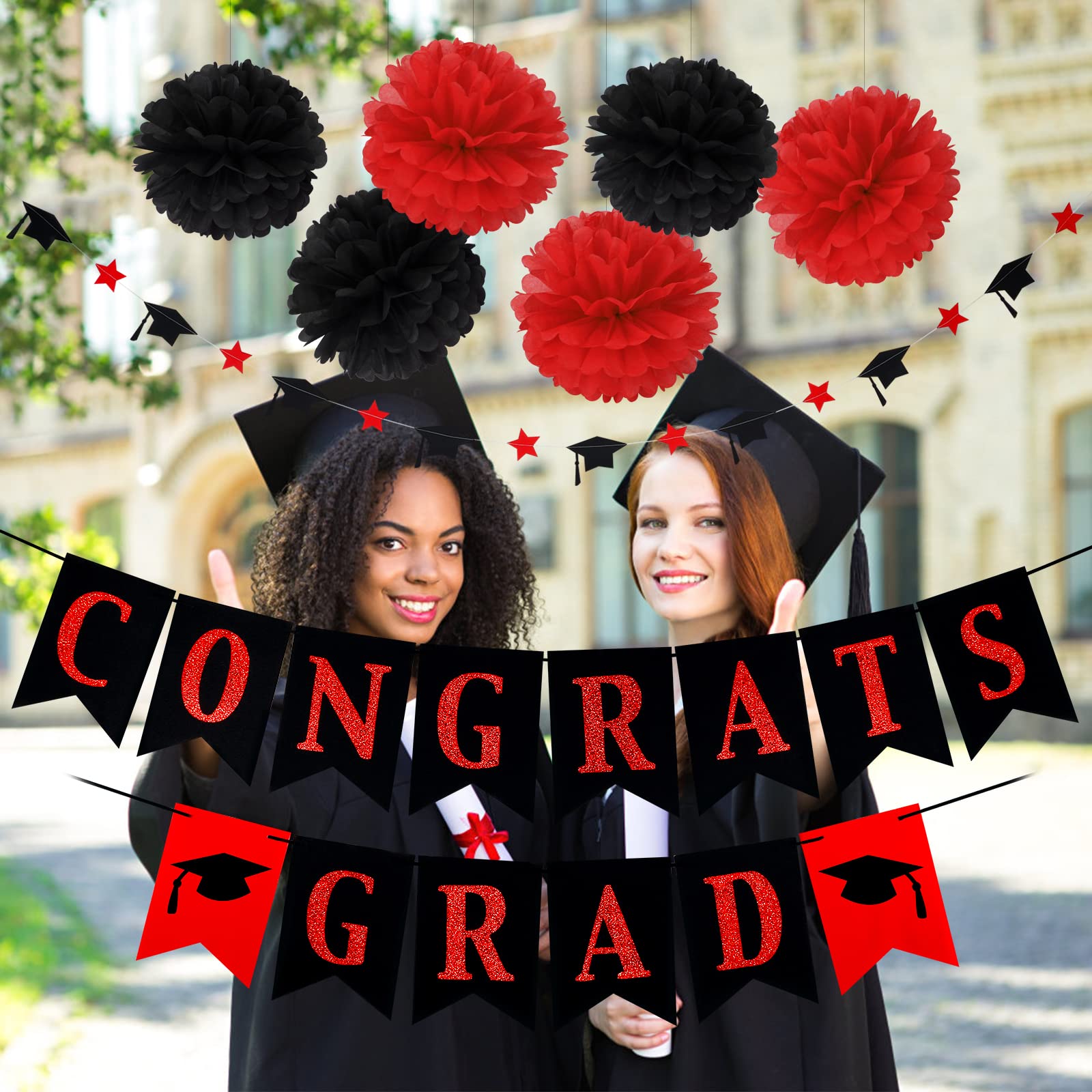 Red and Black Congrats Grad Banner - Graduation Party Decorations for 2024 | Perfect for High School & College Graduation Celebrations, Commencement Ceremonies & Photo Backdrops