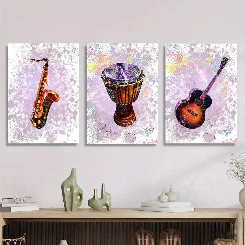 3-Piece Metal Wall Art Prints - Saxophone, Bass Drum, Guitar - Ready to Hang Music Decor for Home, Studio & Office