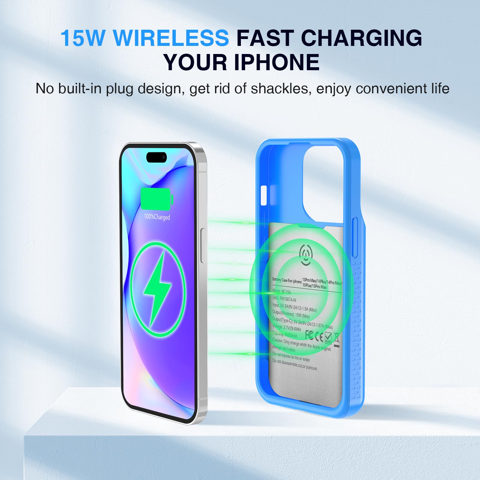GIN FOXI 15W Wireless Charging Battery Case for iPhone 15 Pro Max/14 Pro Max/13 Pro Max/12 Pro Max - 18W Fast Input & 20W Output, Rechargeable Protective Cover with Anti-Fall Design - 6.7 Inch Blue Case | Perfect for Travel, Work & Outdoor Activities