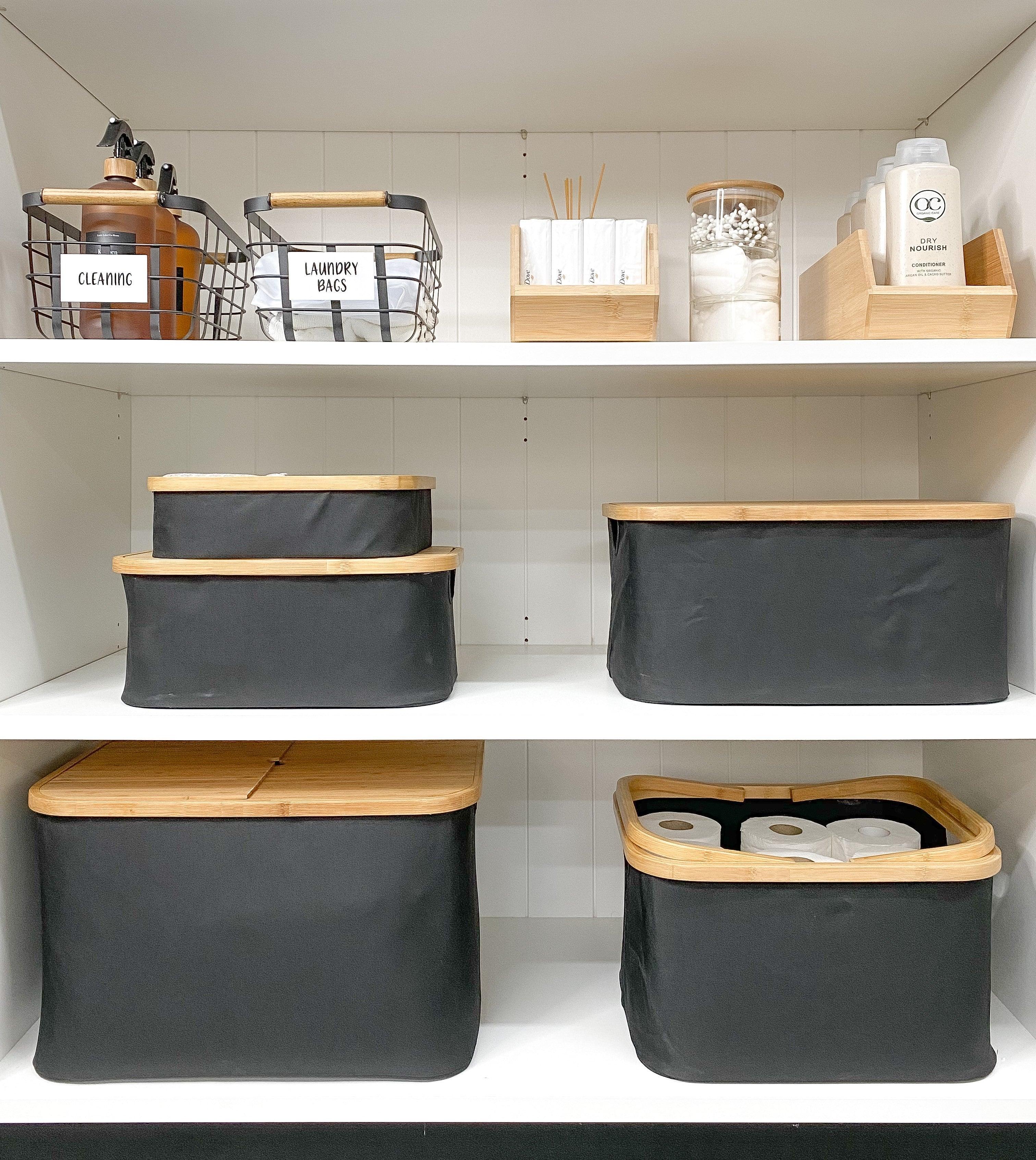 Eco-Friendly Black Fabric Bamboo Linen Storage Basket - Large Size for Home Organization | Perfect for Bedroom, Bathroom & Nursery Storage
