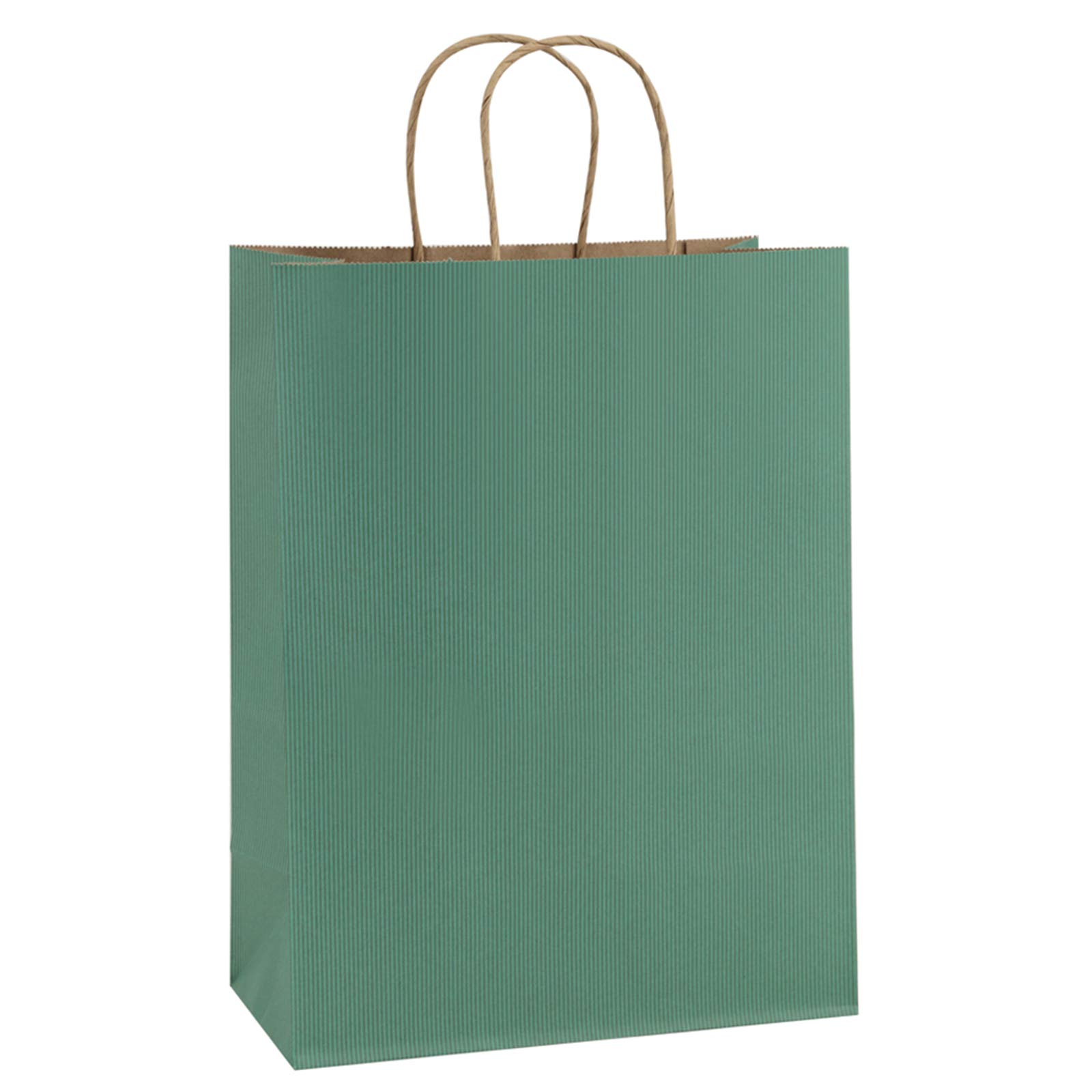 Eco-Friendly 25-Pack 10x5x13 Inch Green Striped Kraft Paper Shopping Bags with Handles - 100% Recycled Retail Merchandise Bags for Parties, Gifts, Boutique & Grocery Stores | Sustainable Packaging Solution
