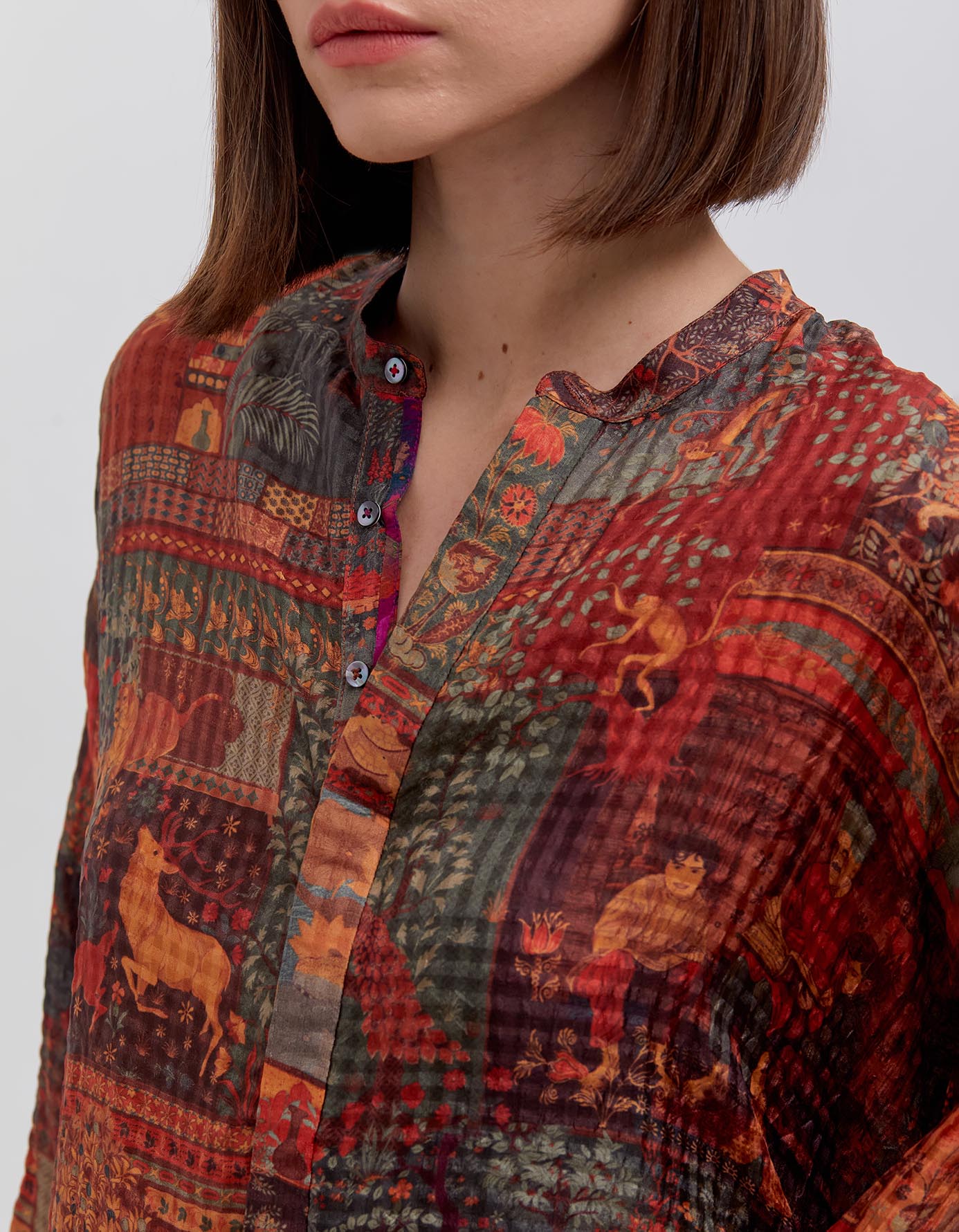 Firoza Kurta Silk Check Terracotta - Elegant Indian Women's Silk Tunic Top for Festivals, Weddings & Special Occasions
