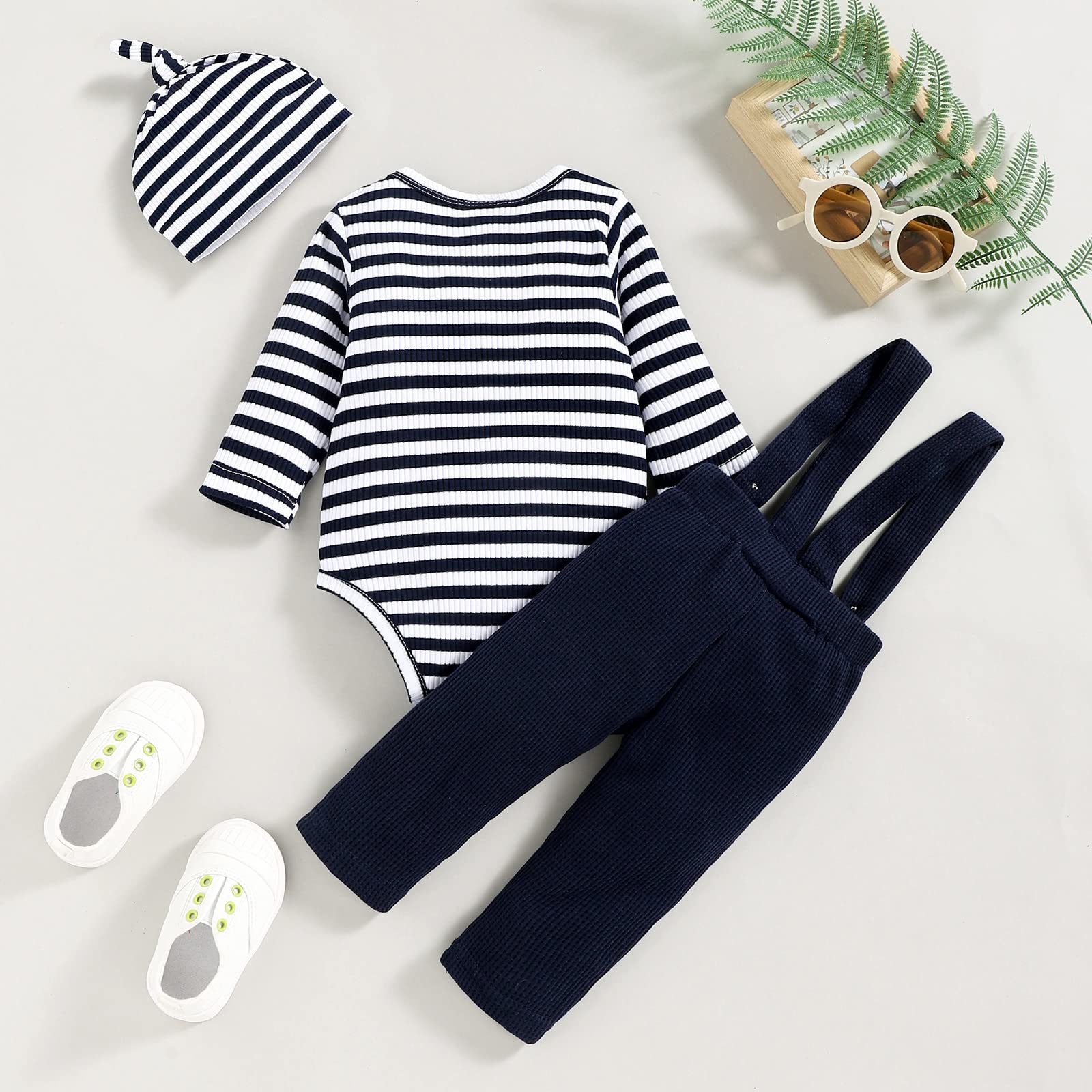 Baby Boy Clothes Set - Newborn Fall Winter Outfit with Long Sleeve Striped Romper, Overalls, Suspenders & Hat | Warm Winter Baby Clothes for Boys 0-24 Months | Perfect for Family Photos, Holiday Outings & Daily Wear