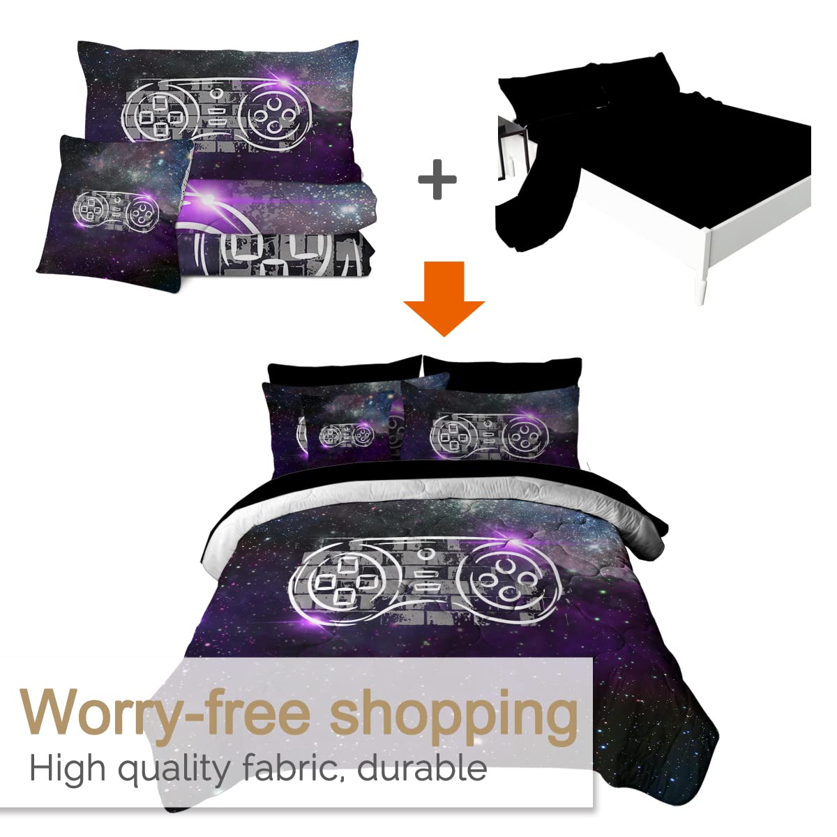 **BlessLiving Gamer Controller King Bedding Set for Boys - 8-Piece Outer Space Retro Video Game Comforter Set with Sheets, Purple Galaxy Theme | Perfect for Kids' Bedrooms, Gaming Rooms & Sleepovers**