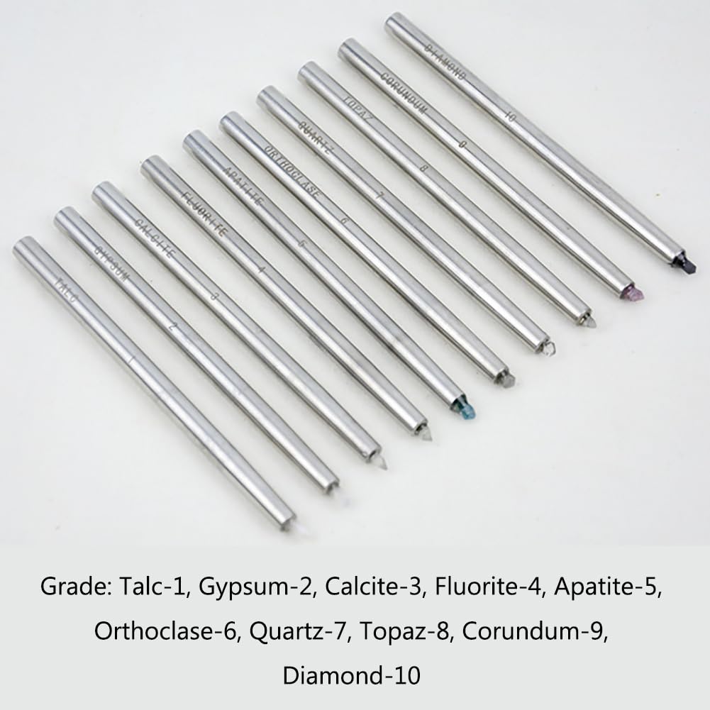 Mohs Hardness Test Kit - 10 Pack Scratch Tester Pens (1-10 Scale) with Storage Box - Gemstone & Mineral Identification Tool for Jewelry Making, Geology Field Work & Industrial Quality Control