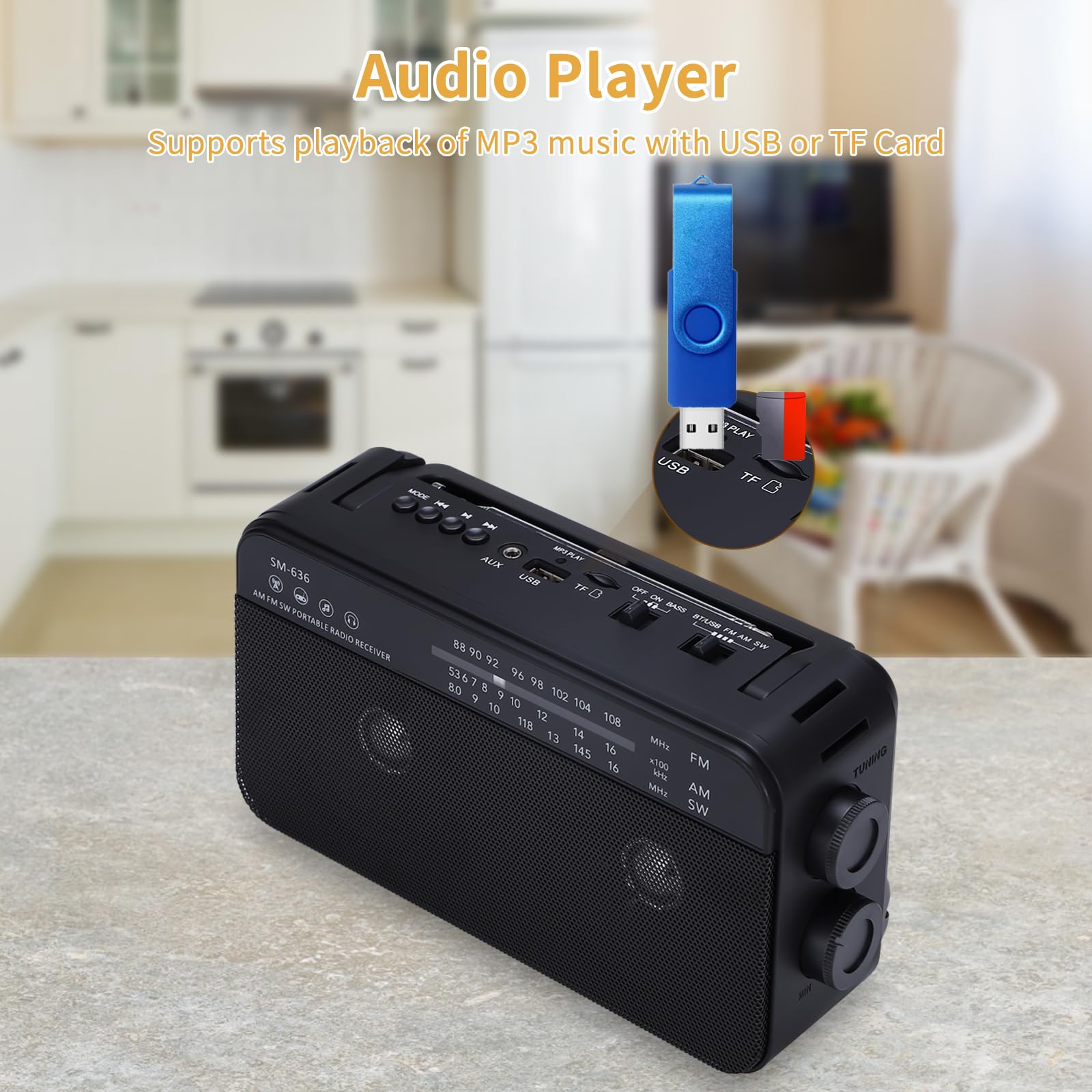 Portable AM FM Shortwave Radio with Bluetooth Speaker - Plug in Wall or 3X D Cell Batteries - AC Power Transistor Radio with 2 Tone Mode & Dual Loud Speakers - Supports AUX/USB/TF Card Playback - Perfect for Camping, Emergencies & Home Use