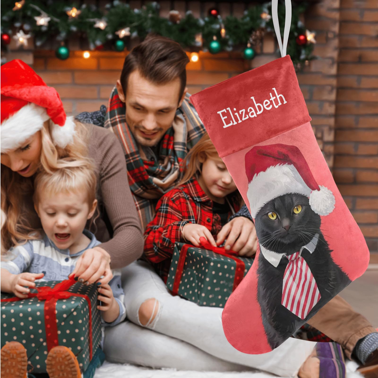 Personalized Black Cat Christmas Stockings with Name - Custom Xmas Gift for Boys, Girls & Pets (17.52 x 7.87 Inch) - Perfect for Holiday Decor, Fireplace Mantel & Christmas Gift Exchange