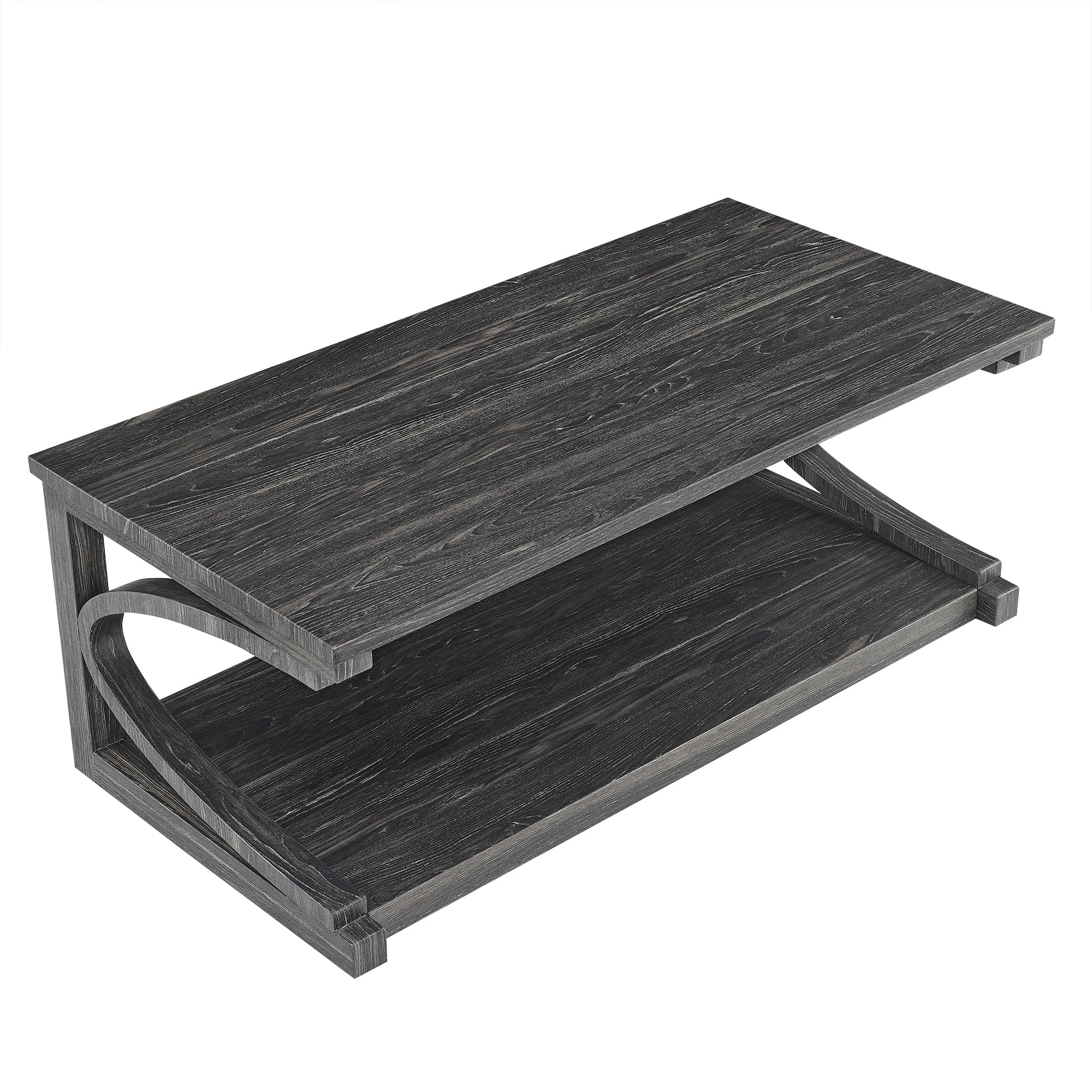 P PURLOVE Solid Wood Coffee Table - Modern Farmhouse Style 2-Tier Rectangle Coffee Table with Storage Shelf | Perfect for Living Room, Bedroom & Small Spaces | Rustic Home Decor & Functional Center Table for Daily Use