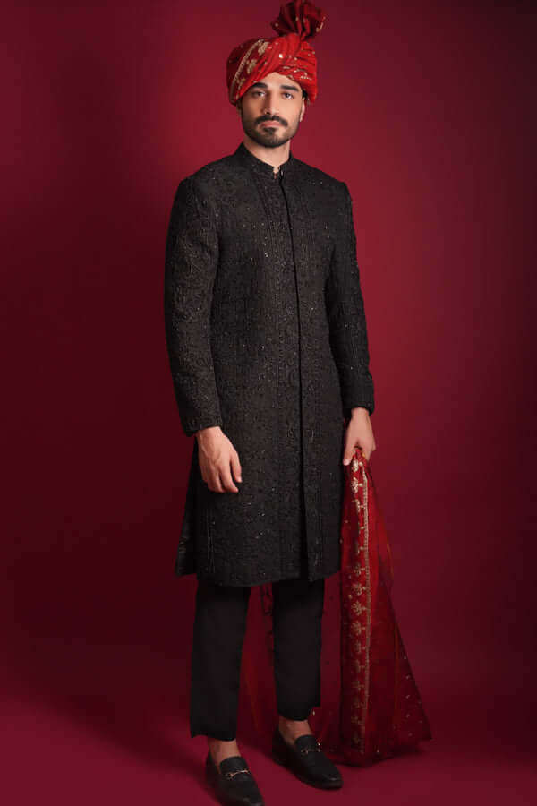 Elegant Jet Black Persian Zardozi Embroidered Sherwani for Men | Traditional Indian Wedding Attire | Perfect for Grooms, Festivals & Special Occasions