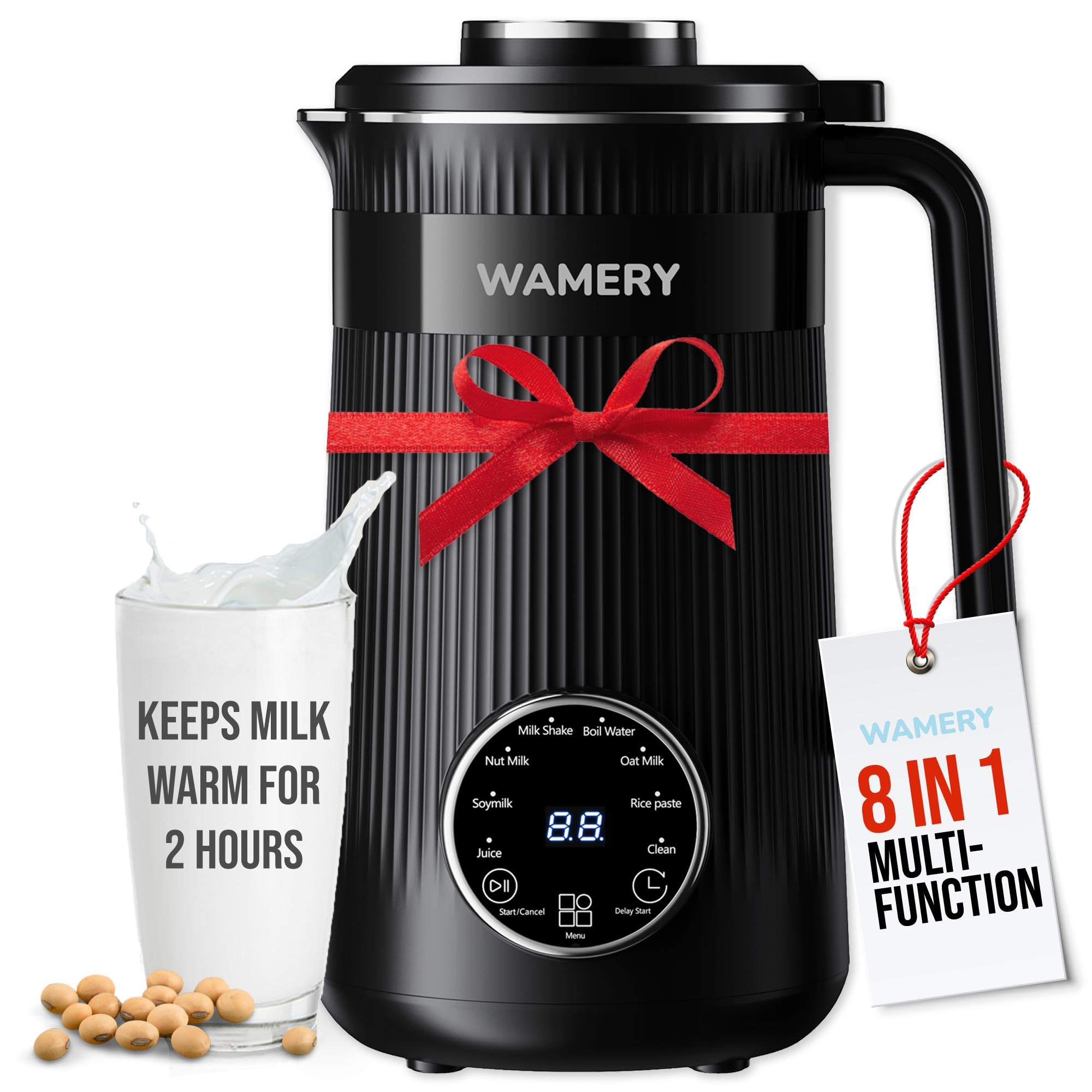 Wamery Original Nut Milk Maker Machine - 32oz Almond, Oat, Soy Milk Maker - Vegan & Plant-Based Milk Maker with Delay Start, Keep Warm & Boil Water Functions (Black) - Perfect for Homemade Dairy-Free Milk, Smoothies & Coffee Creamer