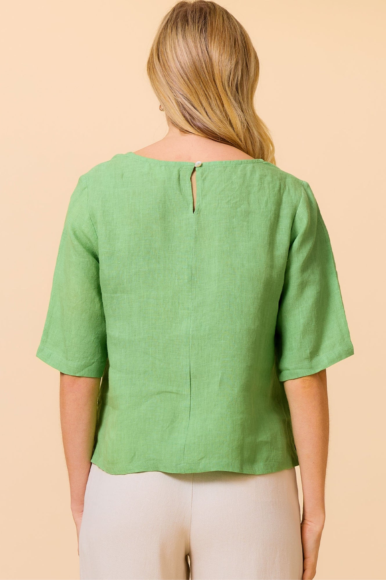 Linen Shell Top Women's Casual Short Sleeve Blouse - Leaf Green | Summer Beach Wear, Vacation Outfit, Boho Style Fashion